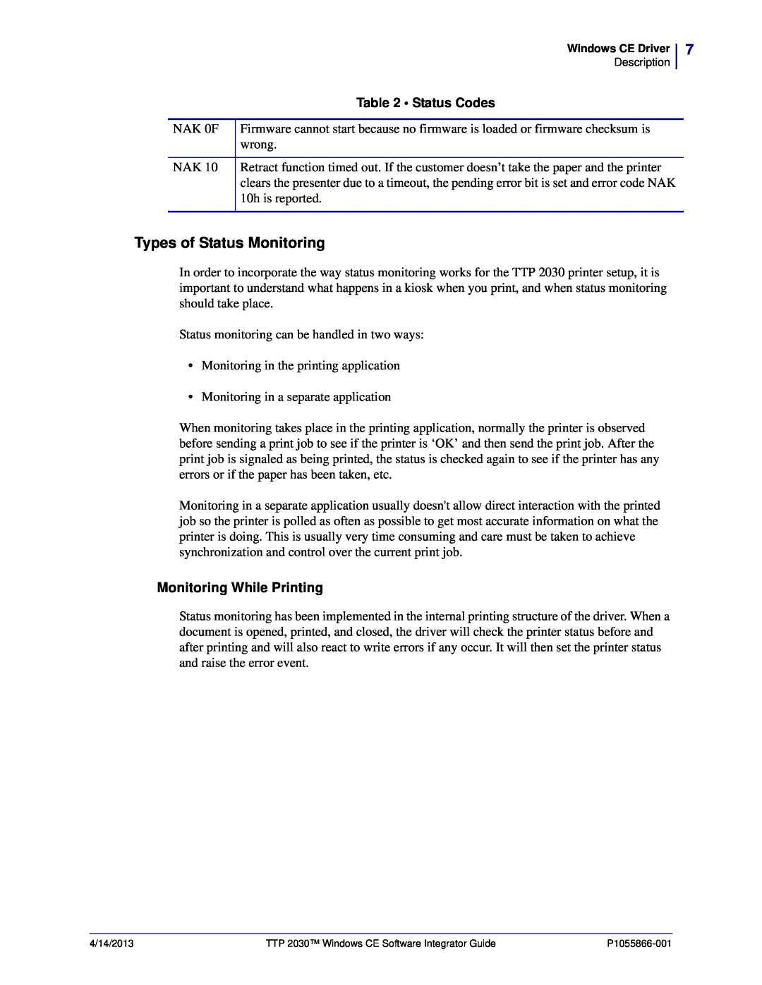 Zebra Technologies TTP 2030 manual Types of Status Monitoring, Monitoring While Printing, Status Codes 