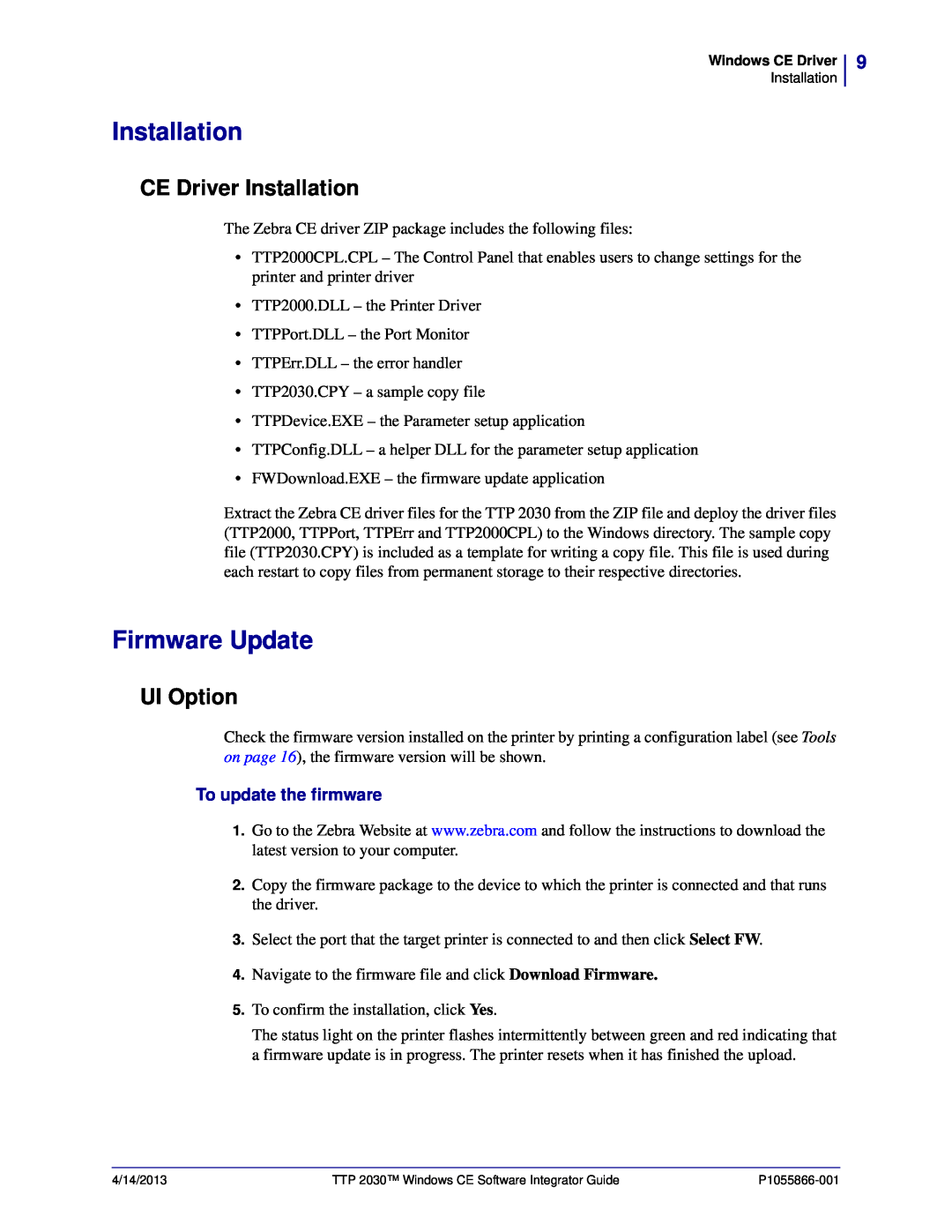 Zebra Technologies TTP 2030 manual Firmware Update, CE Driver Installation, UI Option, To update the firmware 