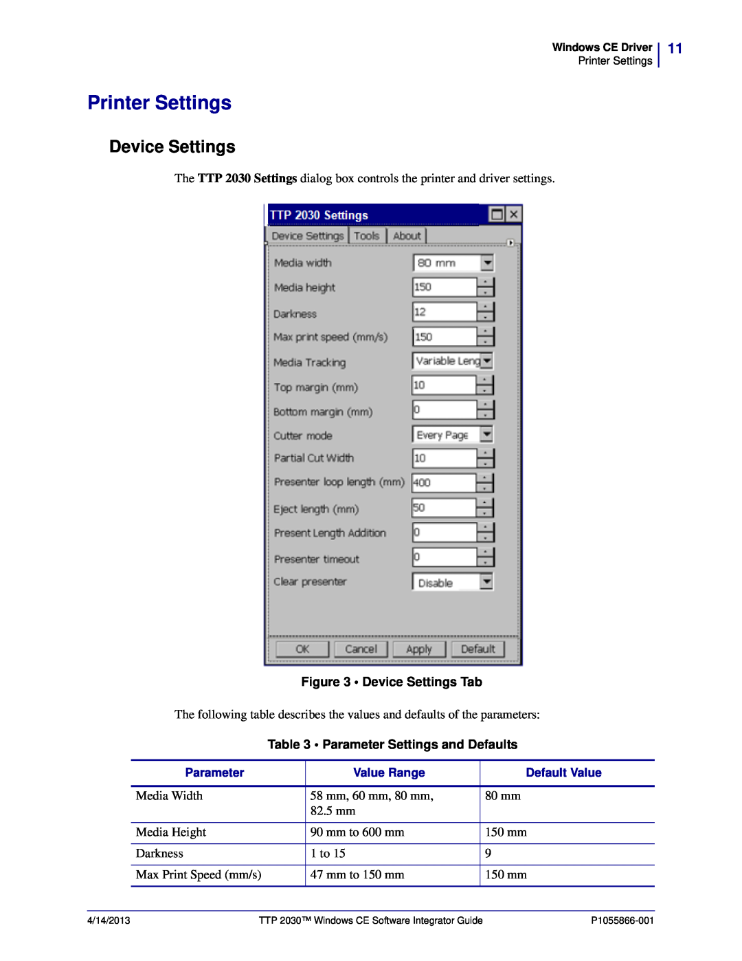 Zebra Technologies TTP 2030 manual Printer Settings, Device Settings Tab, Parameter Settings and Defaults 