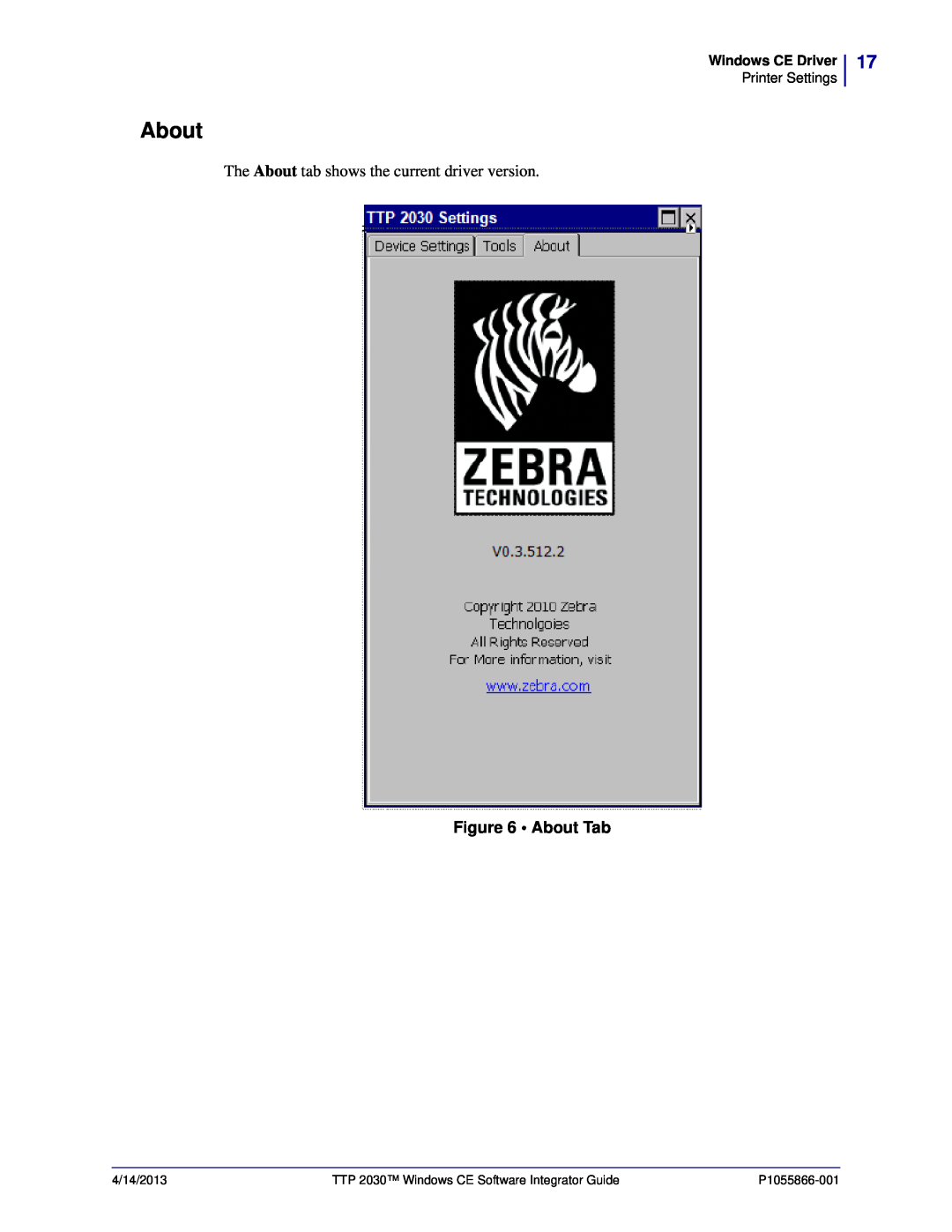 Zebra Technologies manual About Tab, Windows CE Driver, Printer Settings, TTP 2030 Windows CE Software Integrator Guide 