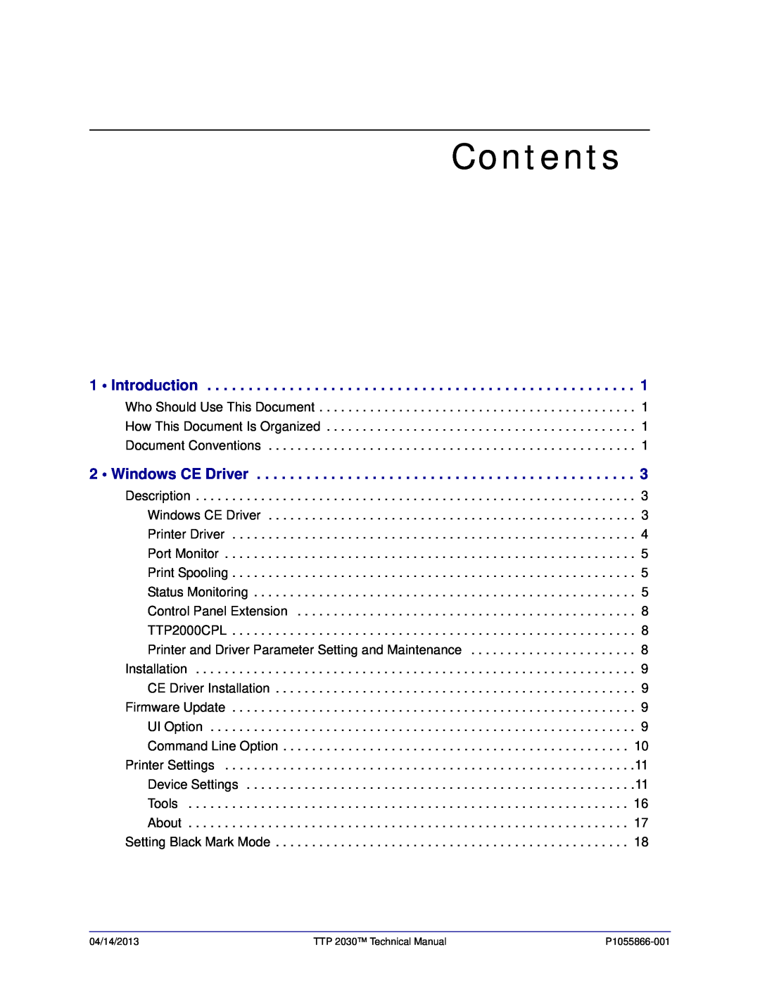 Zebra Technologies TTP 2030 manual Contents, Introduction, Windows CE Driver 
