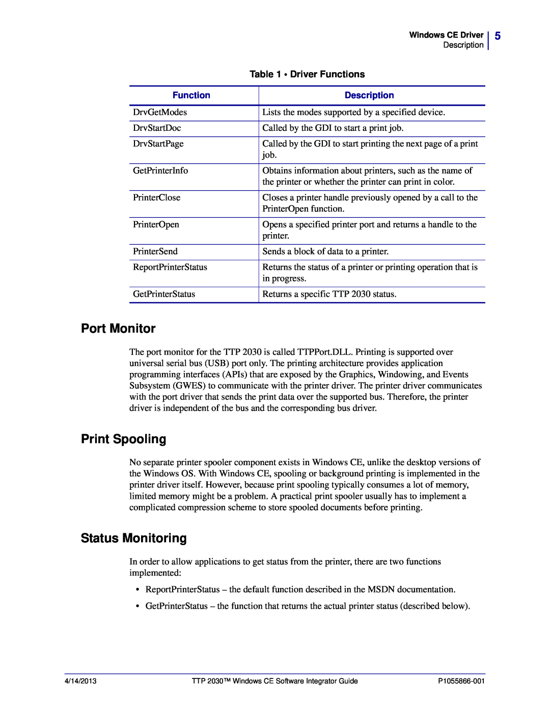 Zebra Technologies TTP 2030 manual Port Monitor, Print Spooling, Status Monitoring 