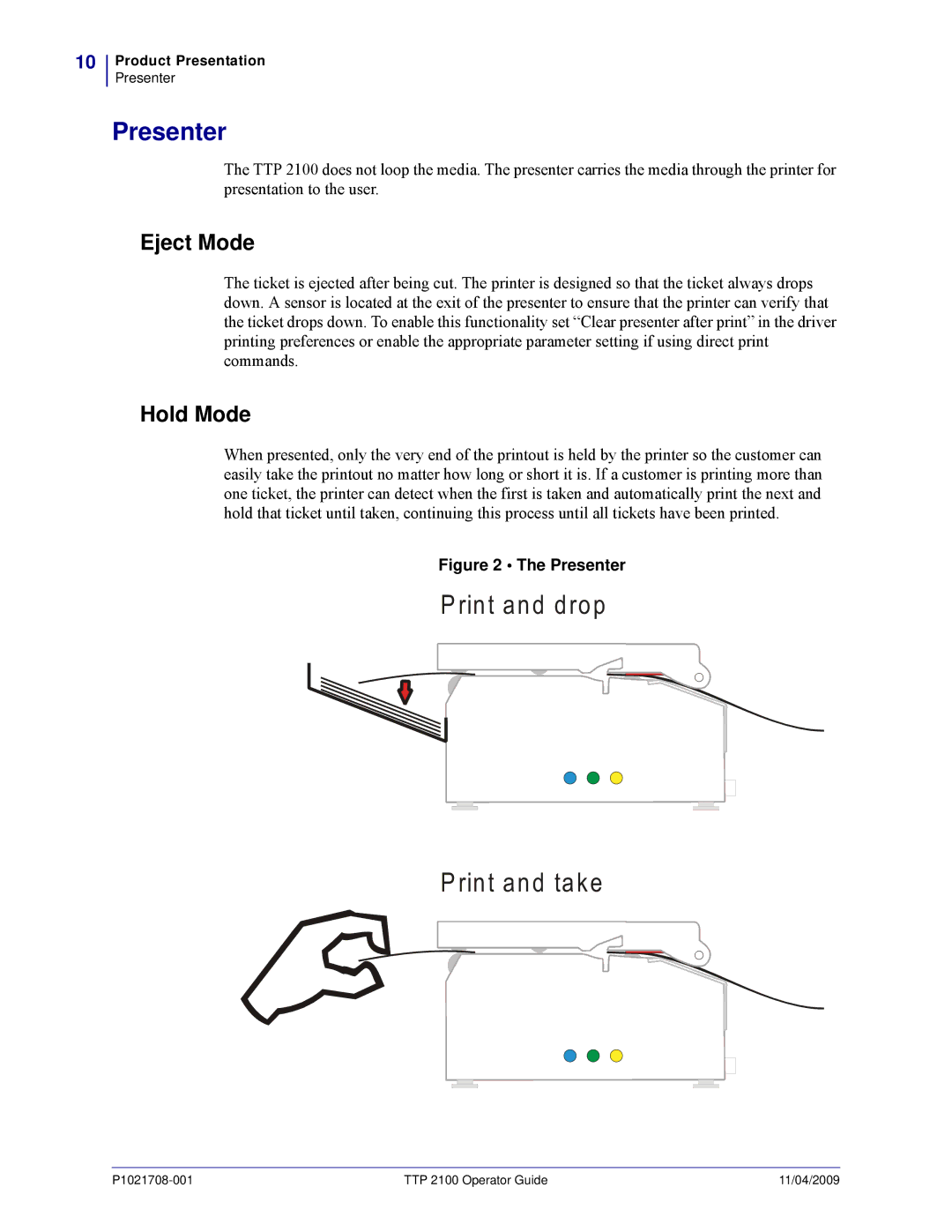 Zebra Technologies TTP 2100 manual Presenter, Eject Mode, Hold Mode 