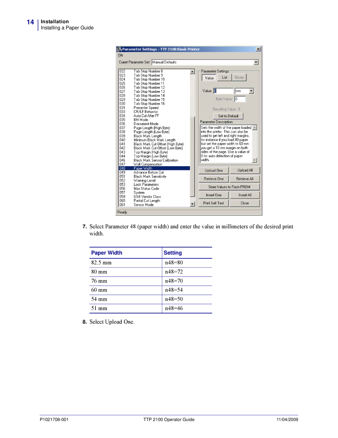 Zebra Technologies TTP 2100 manual Paper Width Setting 