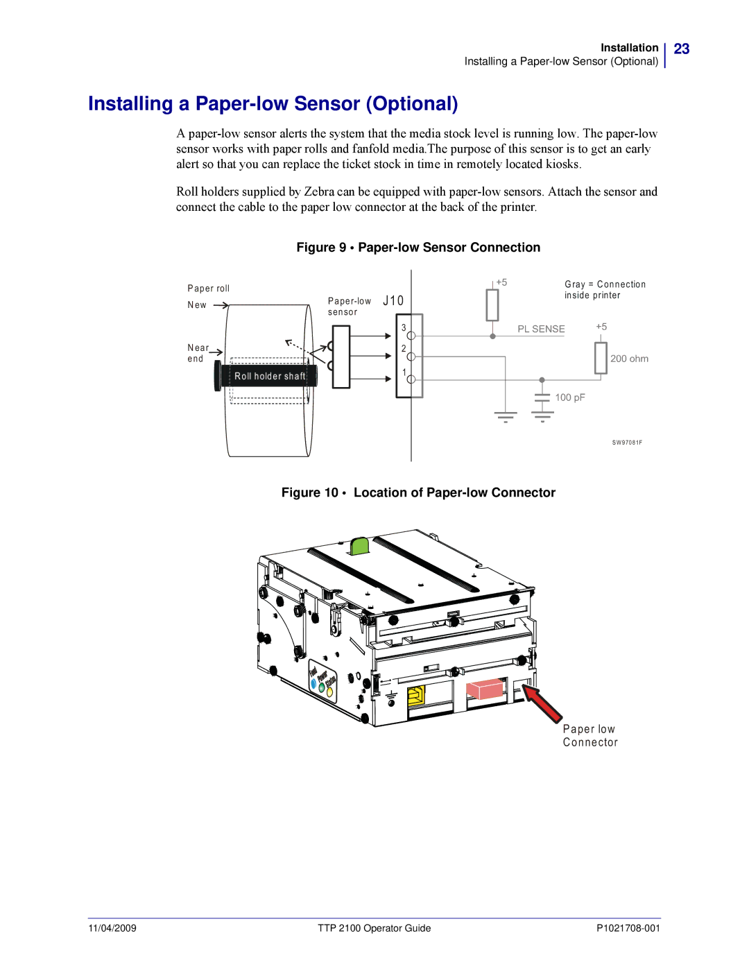 Zebra Technologies TTP 2100 manual Installing a Paper-low Sensor Optional, Paper-low Sensor Connection 