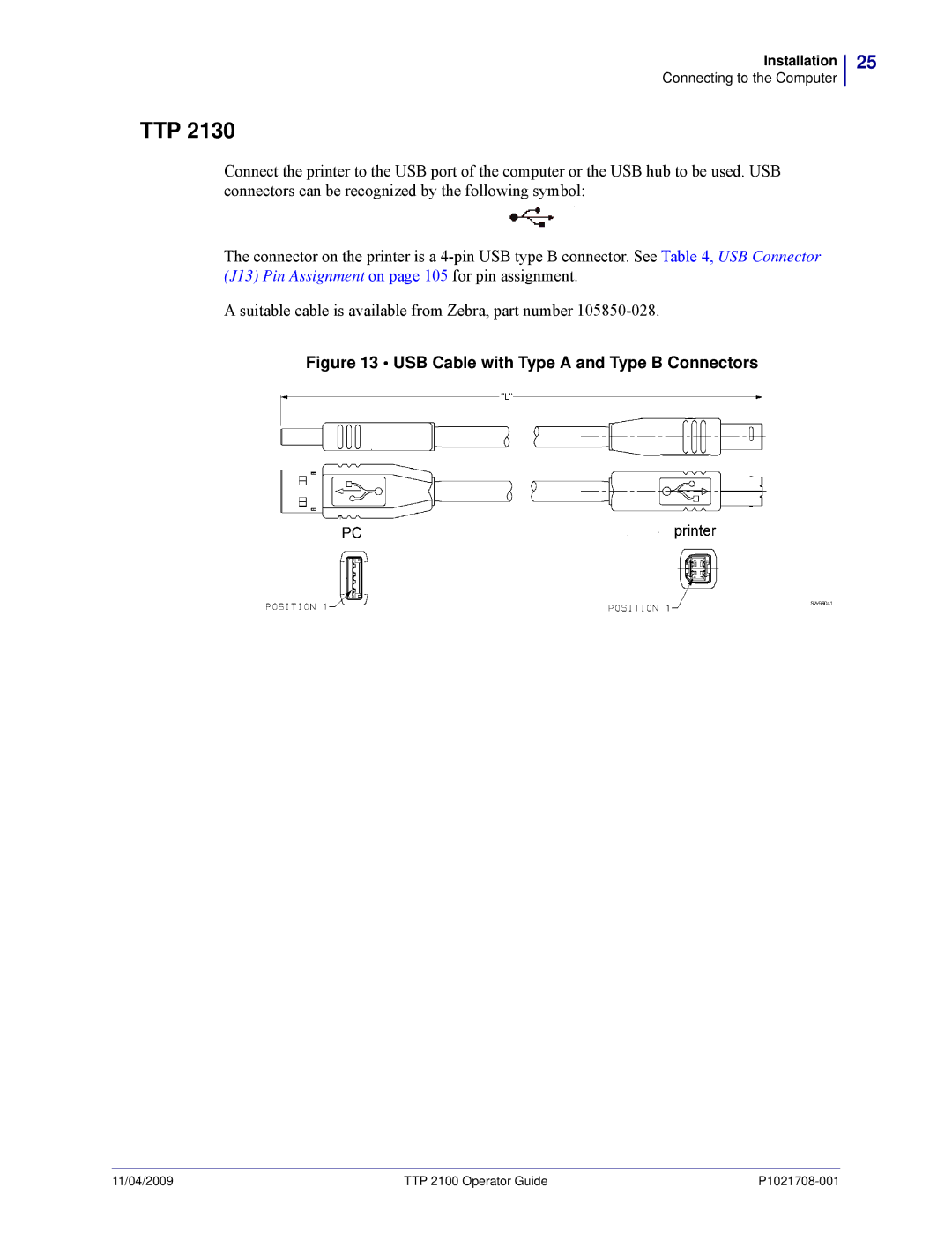 Zebra Technologies TTP 2100 manual USB Cable with Type a and Type B Connectors 