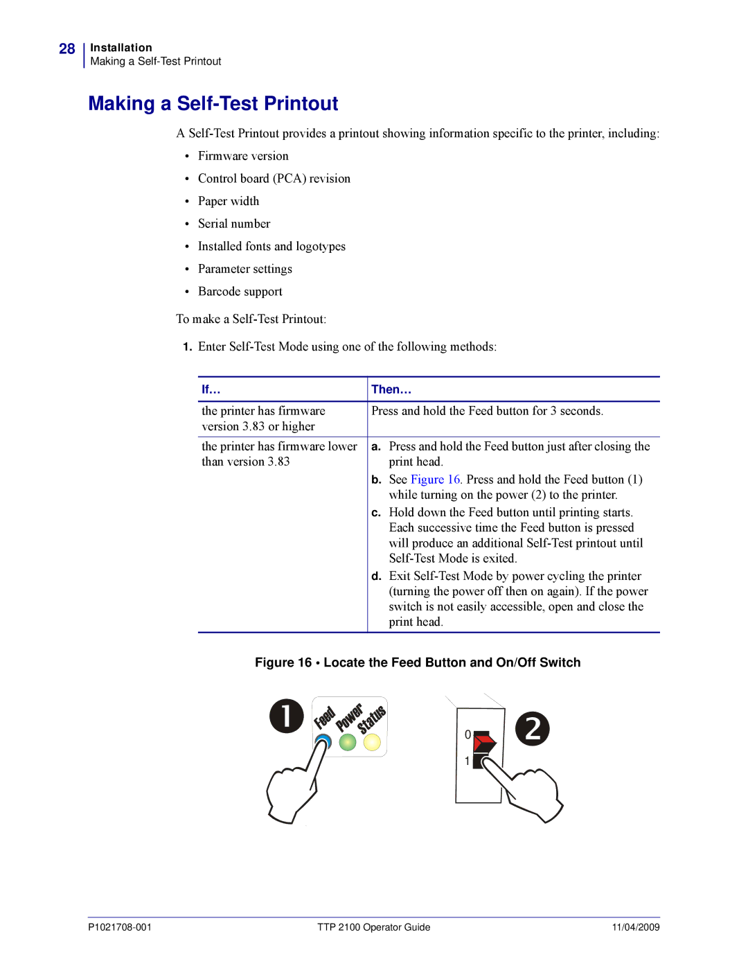 Zebra Technologies TTP 2100 manual Making a Self-Test Printout, Locate the Feed Button and On/Off Switch 