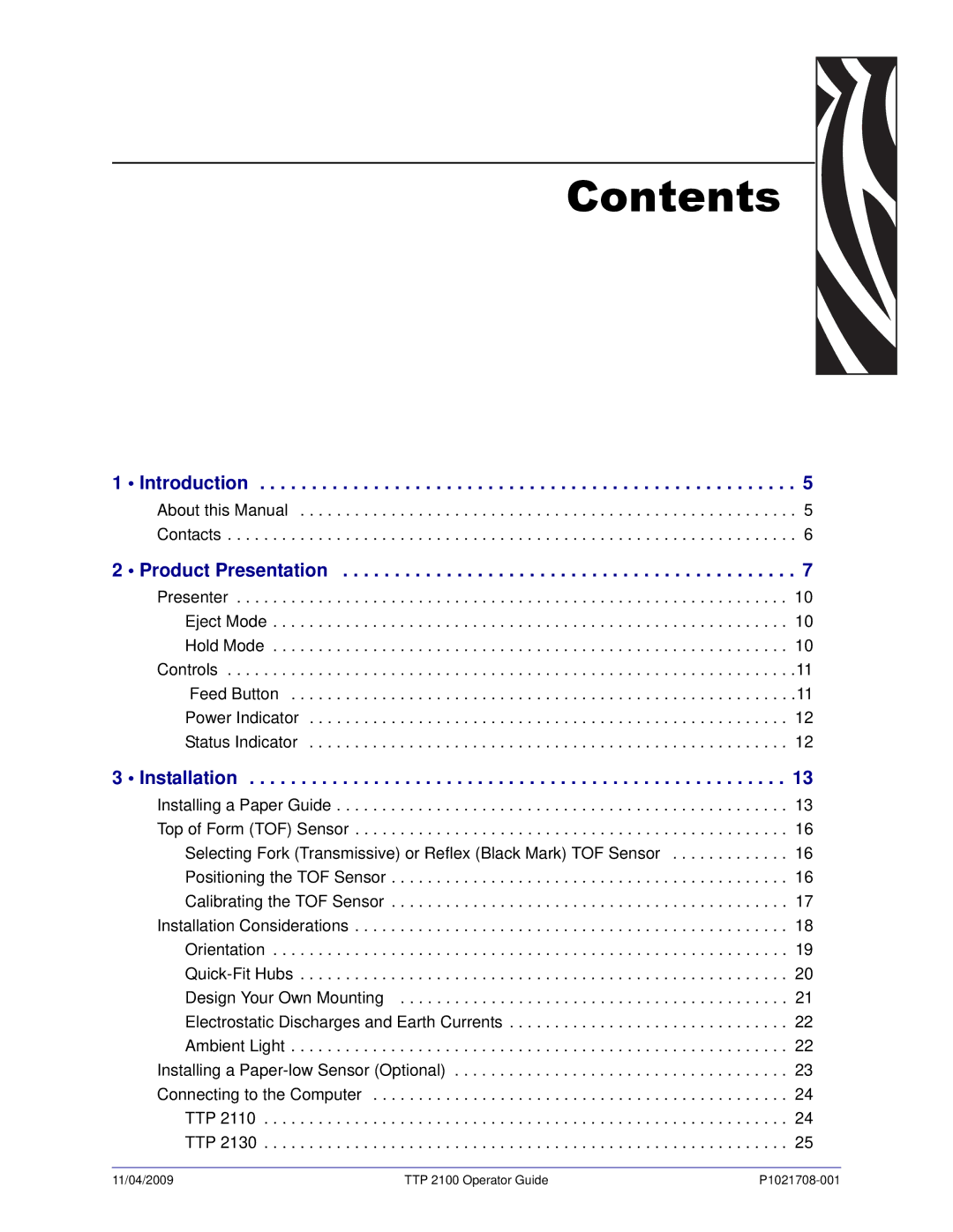 Zebra Technologies TTP 2100 manual Contents 