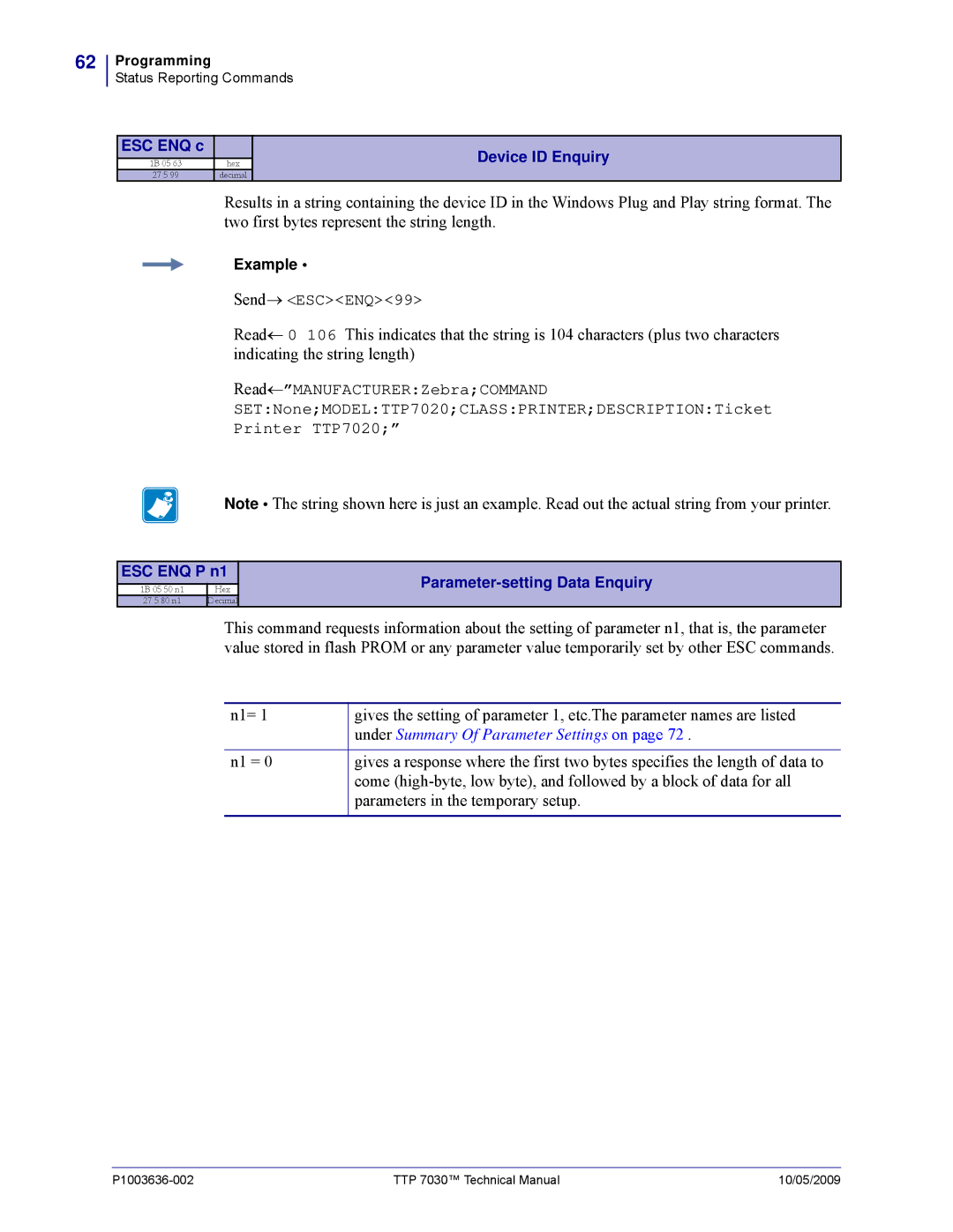 Zebra Technologies TTP 7030 technical manual Under Summary Of Parameter Settings on 