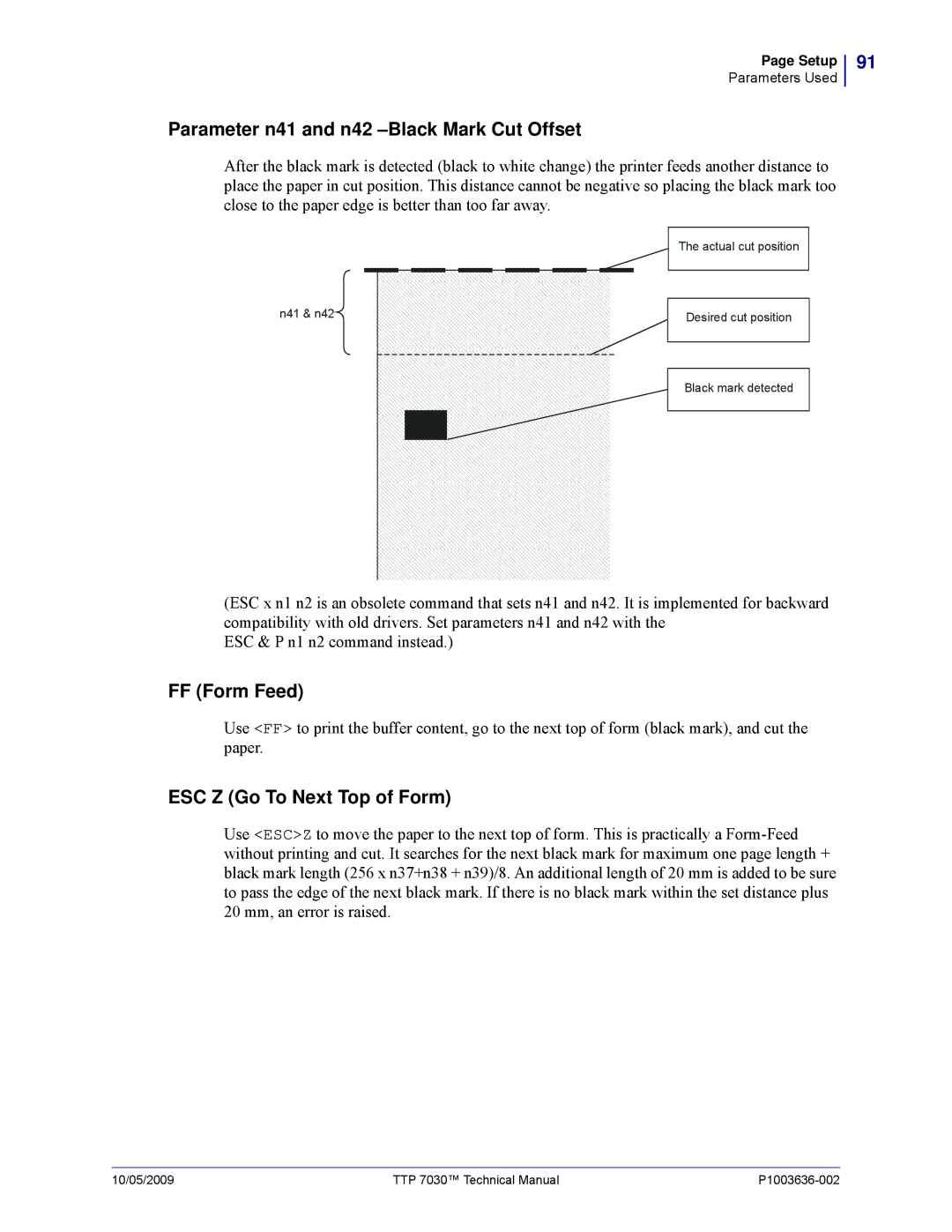 Zebra Technologies TTP 7030 technical manual Parameter n41 and n42 -Black Mark Cut Offset 