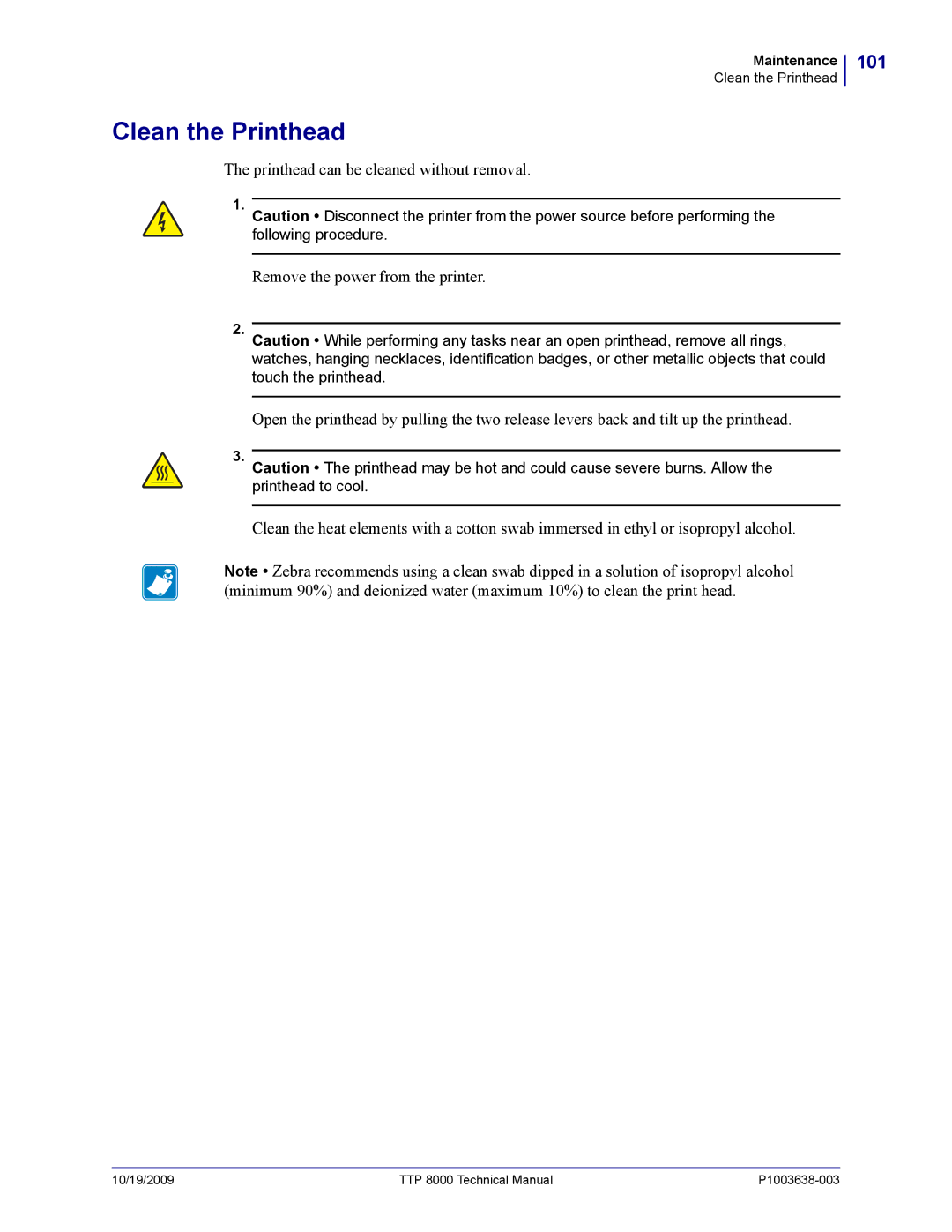 Zebra Technologies TTP 8000 manual Clean the Printhead, 101 