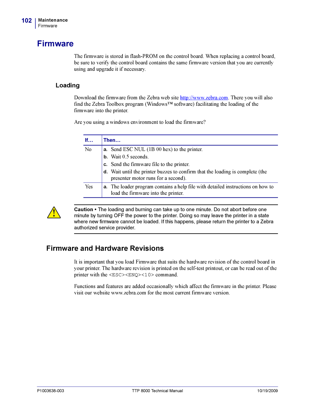 Zebra Technologies TTP 8000 manual Firmware and Hardware Revisions, 102 