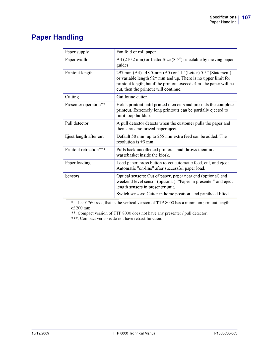 Zebra Technologies TTP 8000 manual Paper Handling, 107 