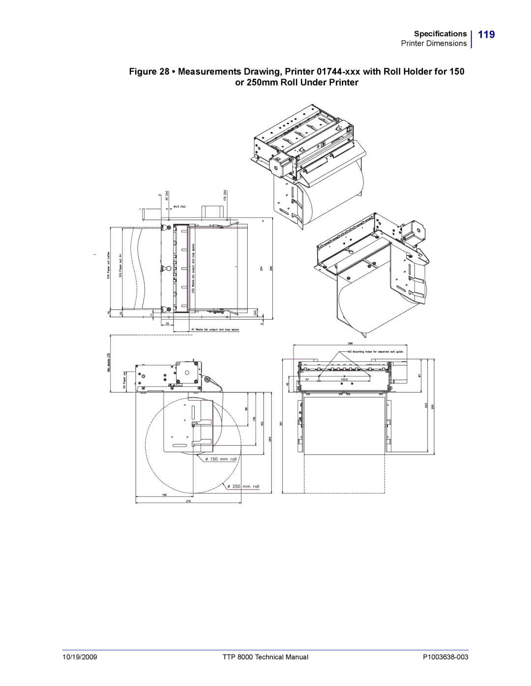 Zebra Technologies TTP 8000 manual 119, Measurements Drawing, Printer 01744-xxx with Roll Holder for 