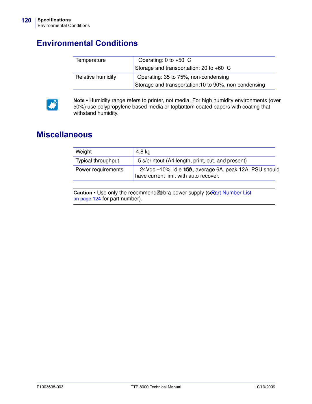 Zebra Technologies TTP 8000 manual Environmental Conditions, Miscellaneous, 120 