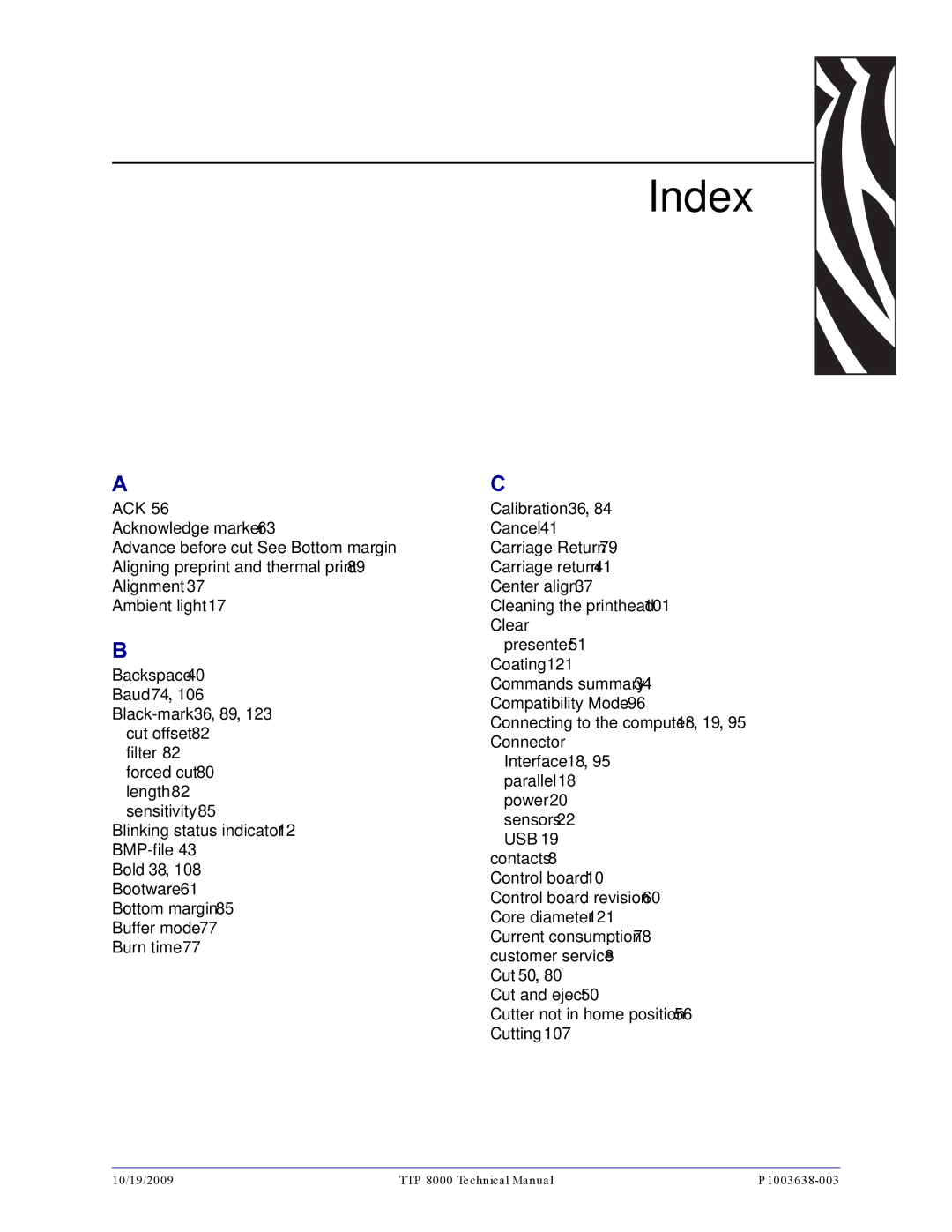 Zebra Technologies TTP 8000 manual Index 