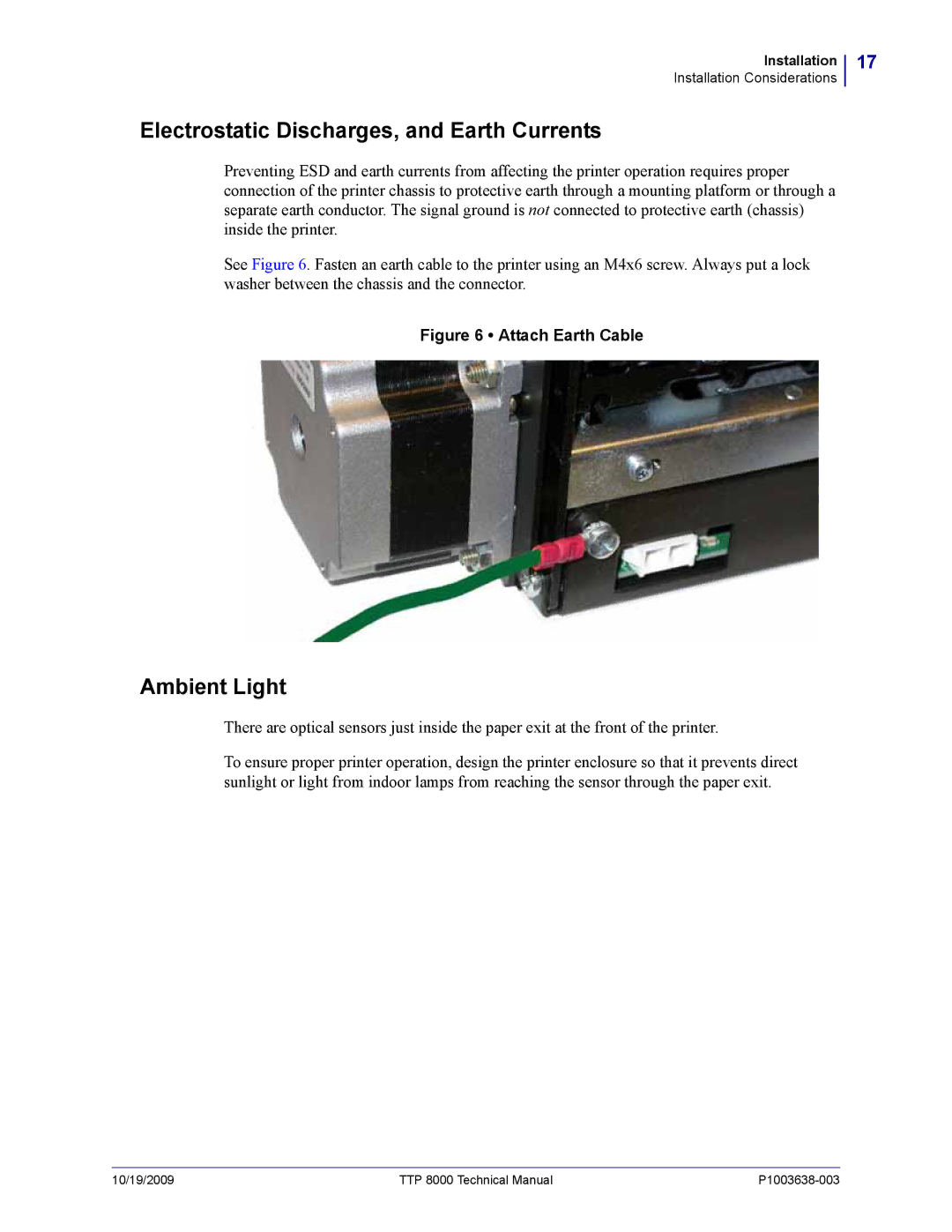 Zebra Technologies TTP 8000 manual Electrostatic Discharges, and Earth Currents, Ambient Light 