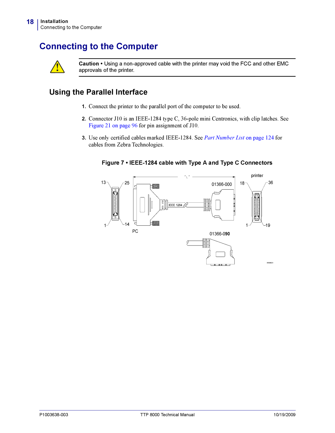 Zebra Technologies TTP 8000 manual Connecting to the Computer, Using the Parallel Interface 