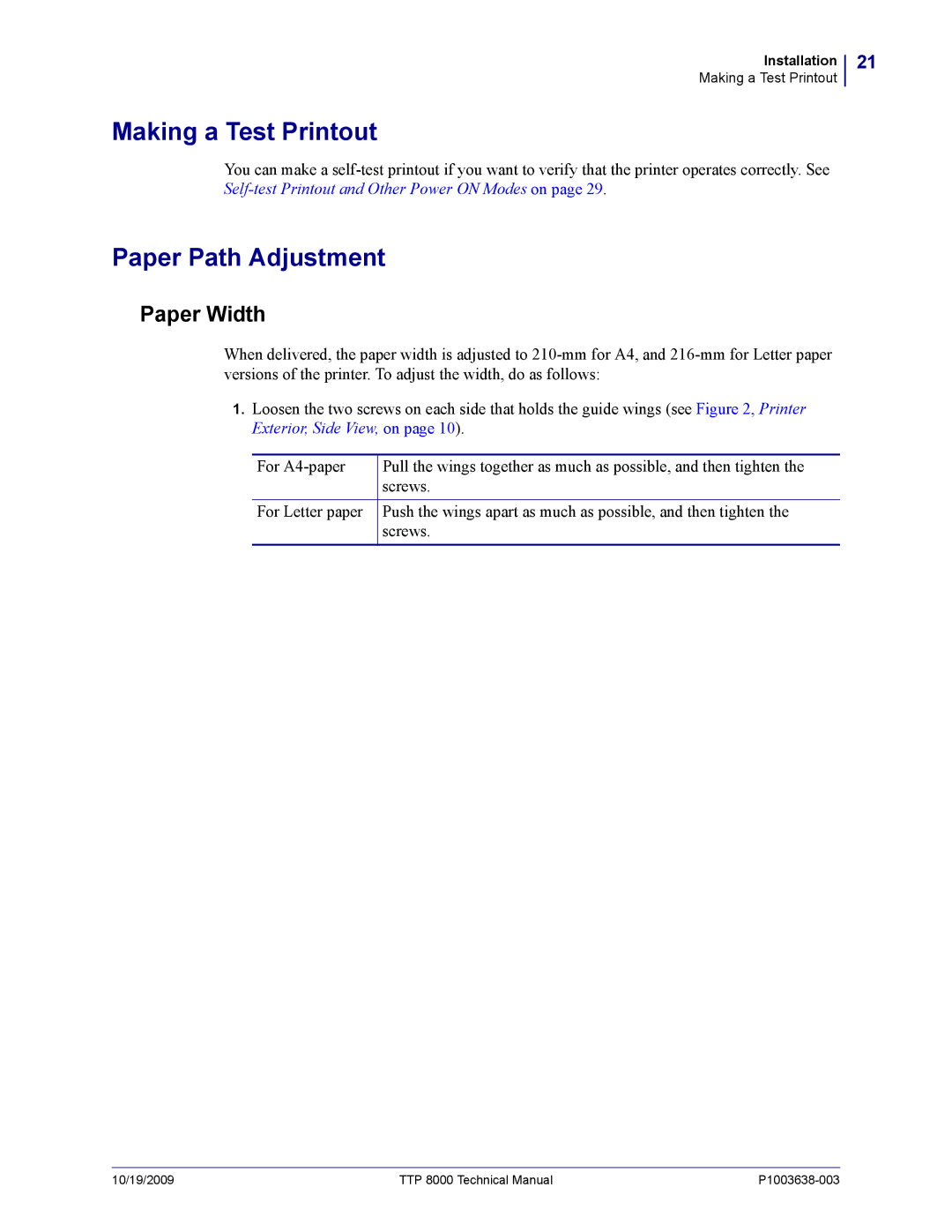 Zebra Technologies TTP 8000 manual Making a Test Printout, Paper Path Adjustment, Paper Width 