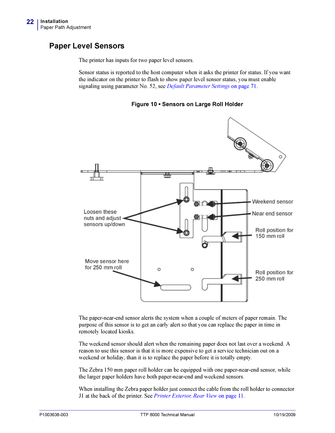 Zebra Technologies TTP 8000 manual Paper Level Sensors, Sensors on Large Roll Holder 