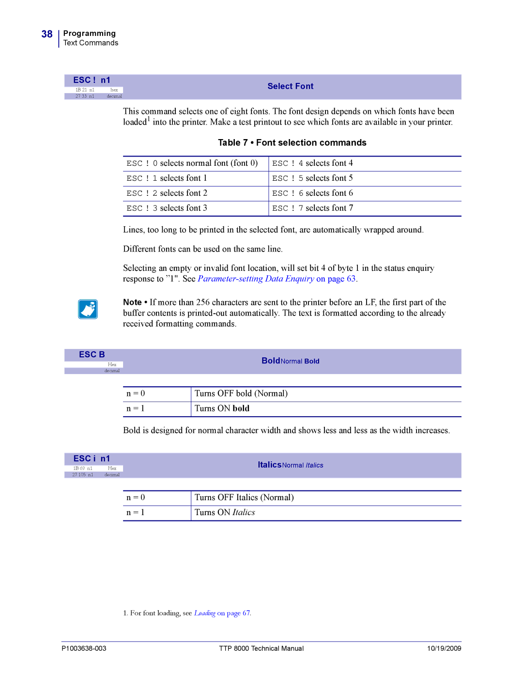 Zebra Technologies TTP 8000 manual Turns OFF Italics Normal Turns on Italics, ESC ! n1 Select Font 