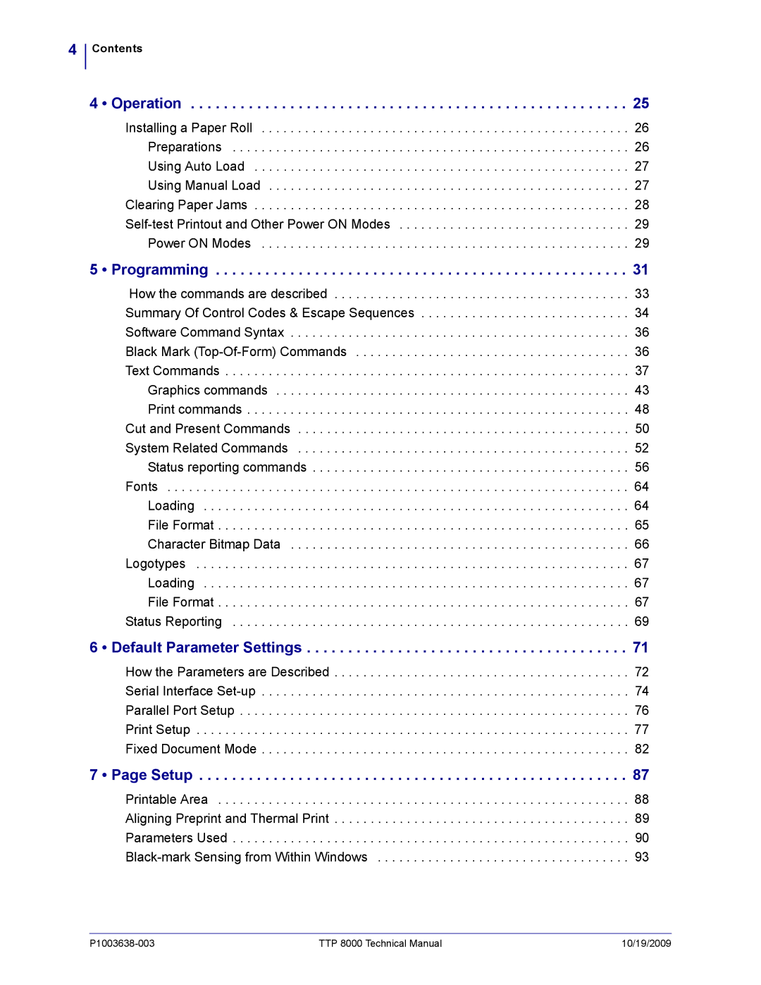 Zebra Technologies TTP 8000 manual Operation, Programming, Default Parameter Settings, Setup 