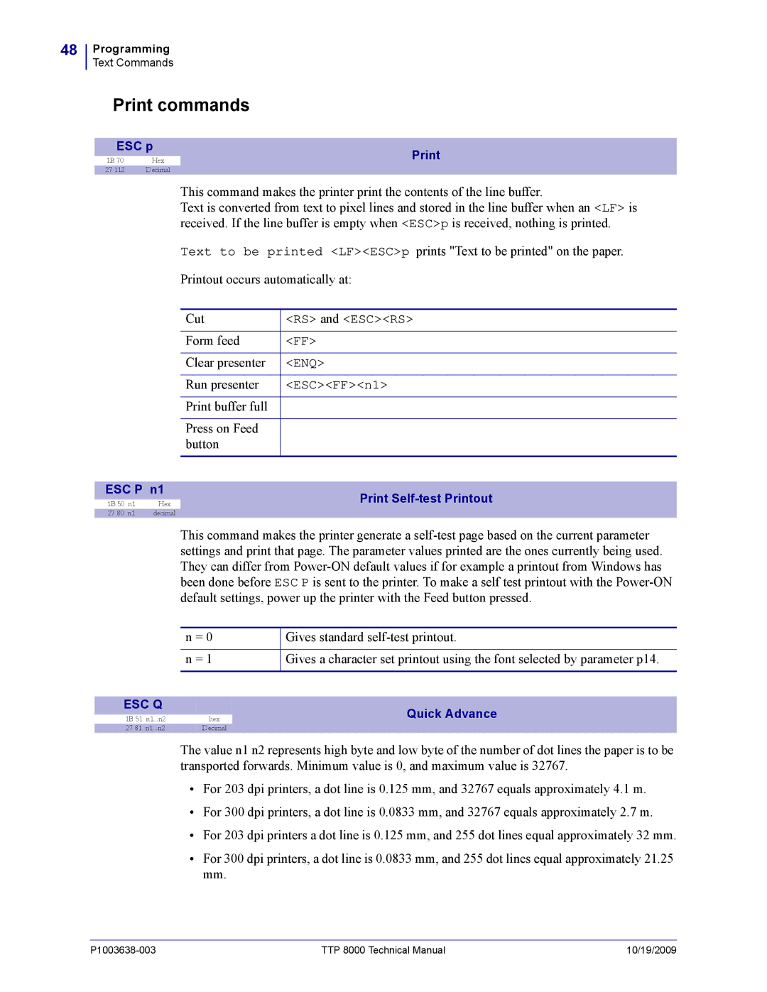 Zebra Technologies TTP 8000 manual Print commands, Form feed Clear presenter, Run presenter 