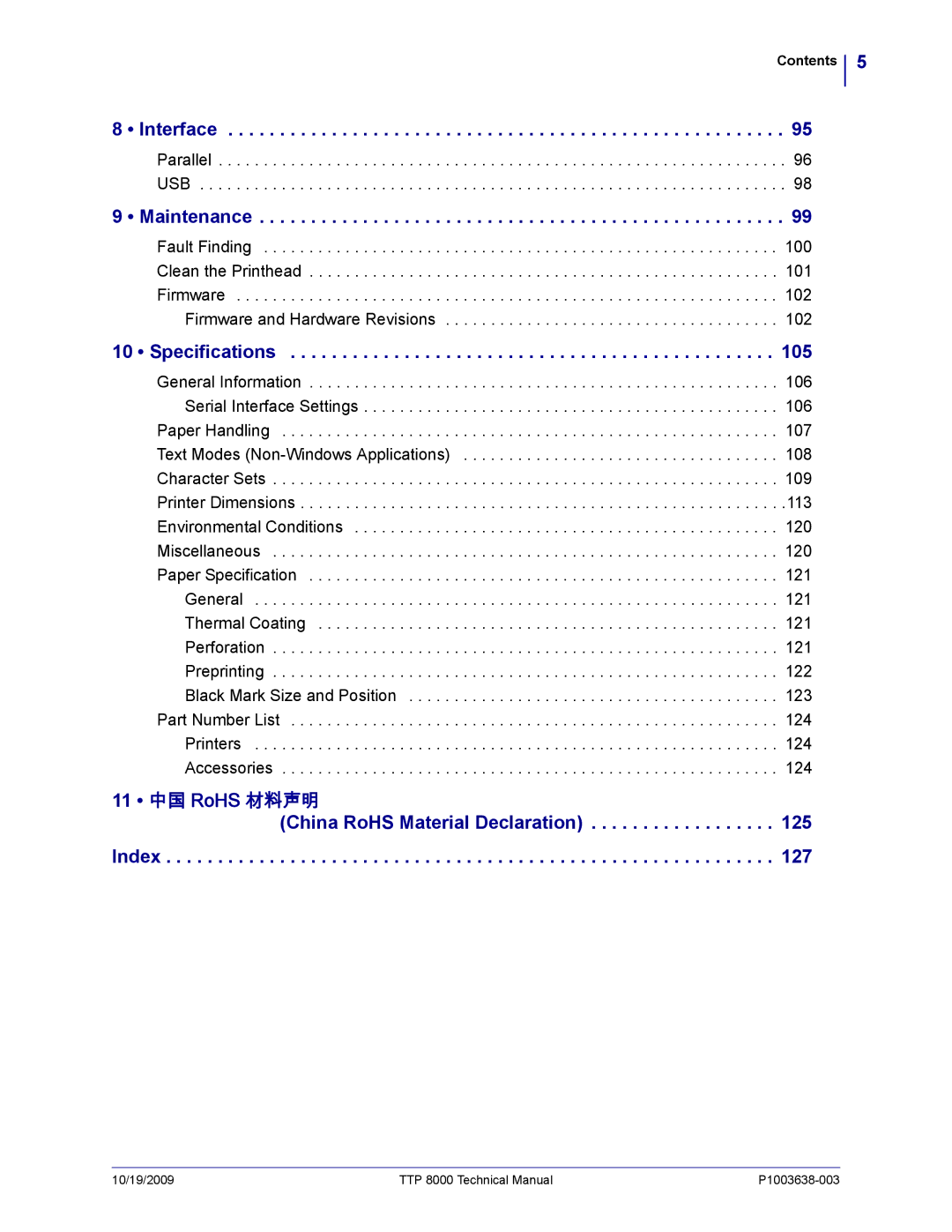 Zebra Technologies TTP 8000 manual Interface, Maintenance, Specifications 105 