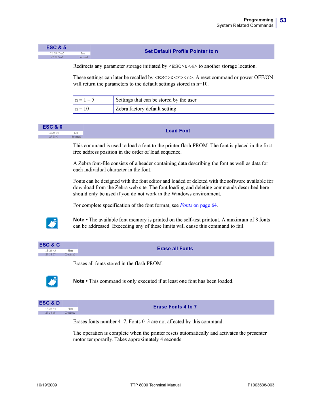 Zebra Technologies TTP 8000 manual Erases all fonts stored in the flash Prom 