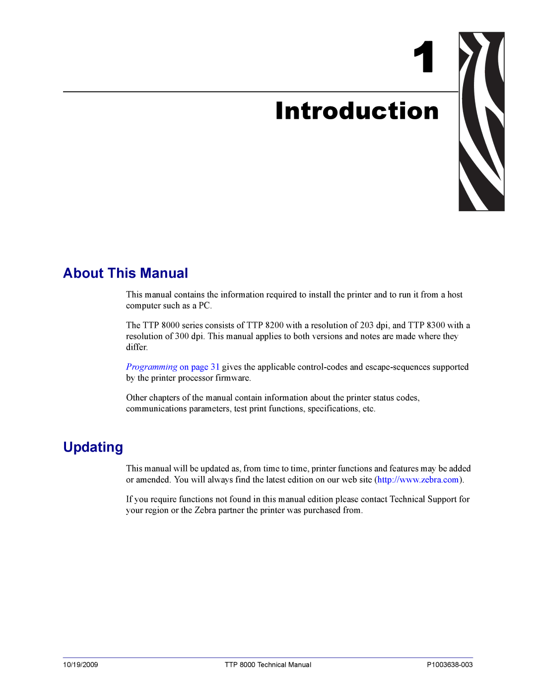 Zebra Technologies TTP 8000 manual Introduction, About This Manual, Updating 