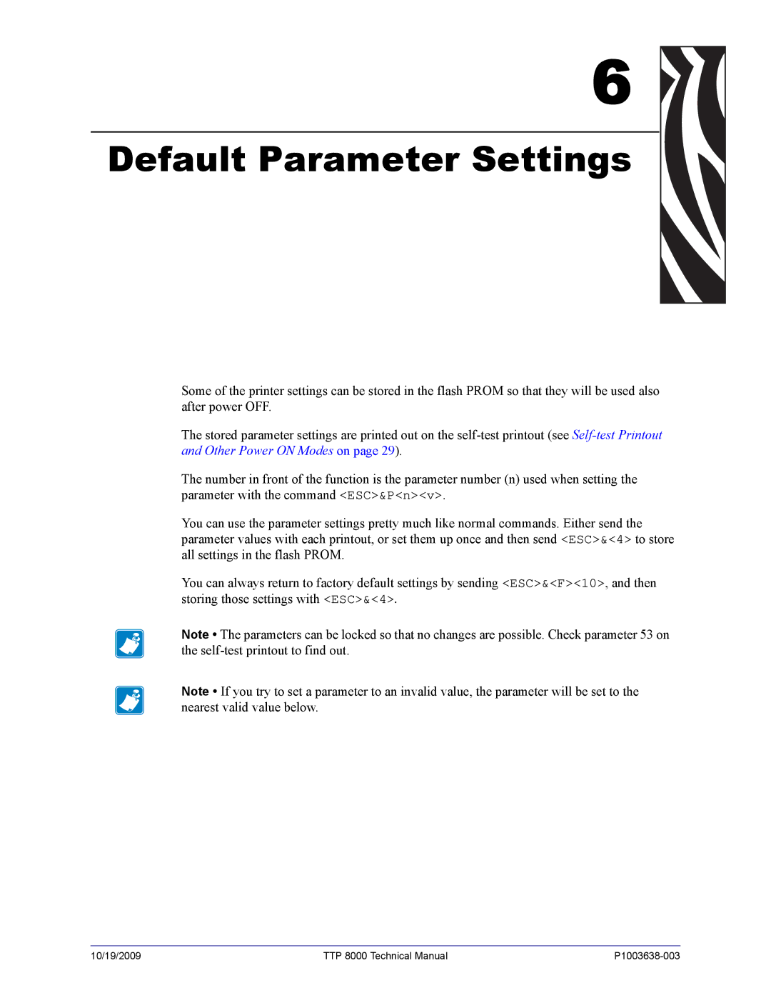 Zebra Technologies TTP 8000 manual Default Parameter Settings 