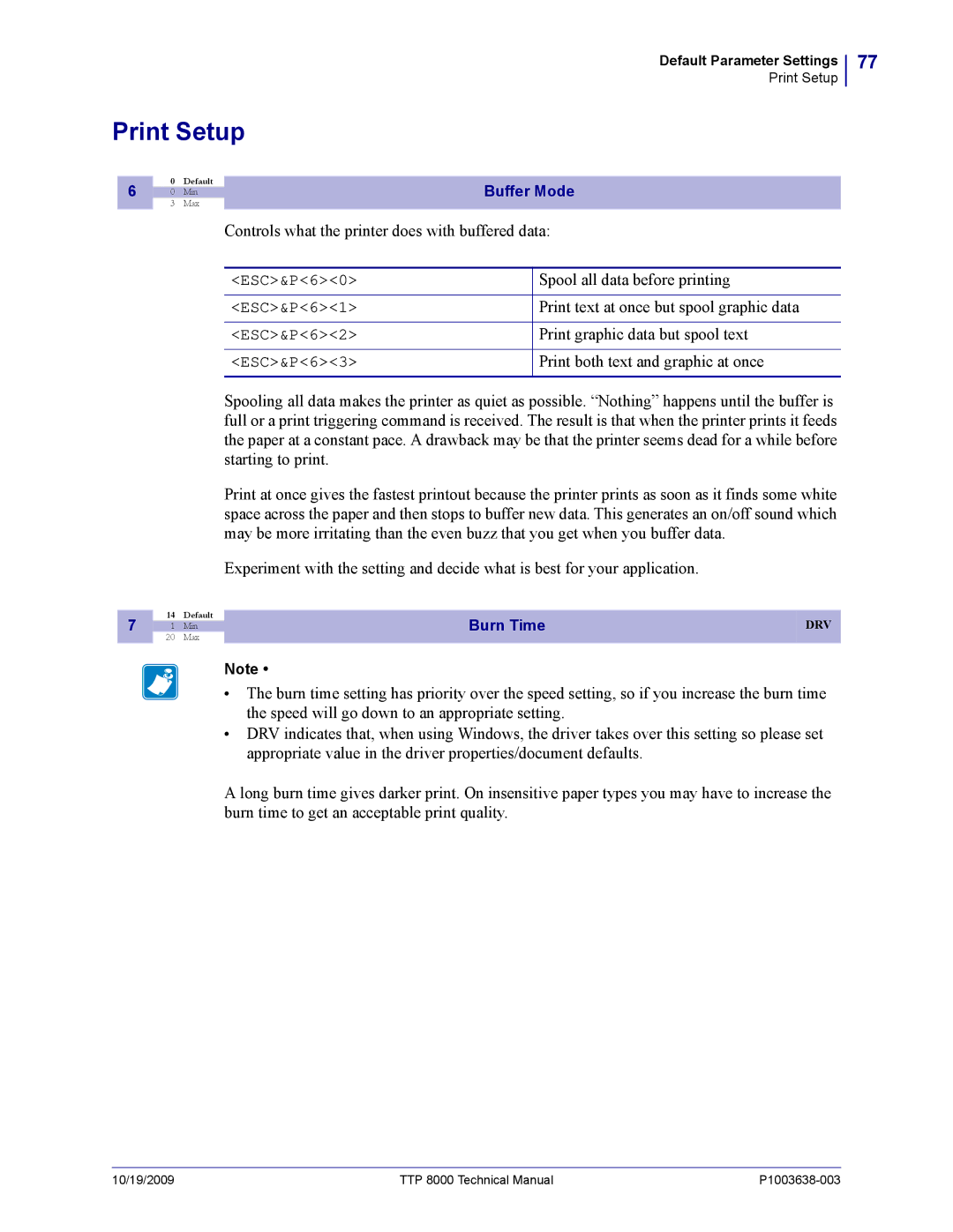 Zebra Technologies TTP 8000 manual Print Setup, Controls what the printer does with buffered data 