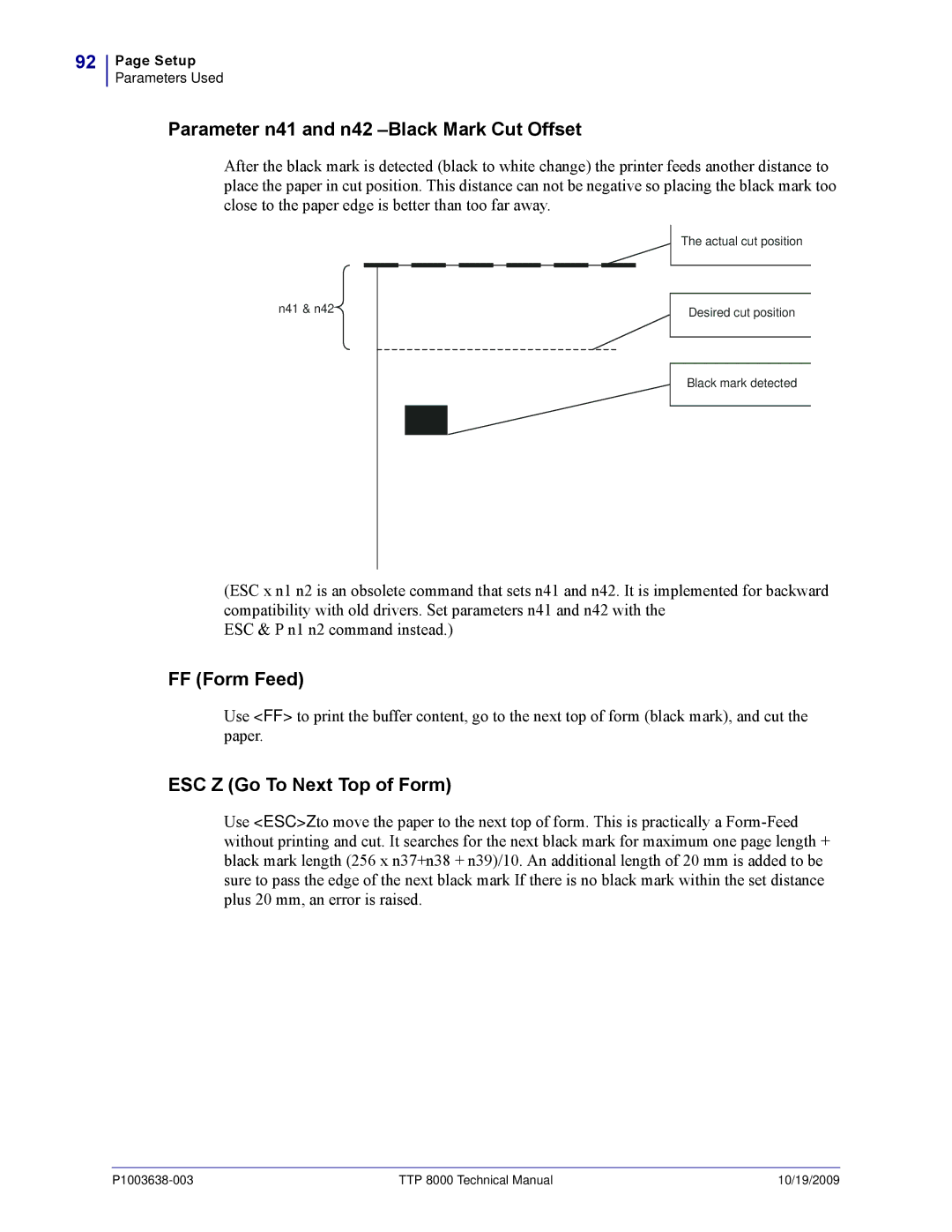 Zebra Technologies TTP 8000 manual Parameter n41 and n42 -Black Mark Cut Offset 