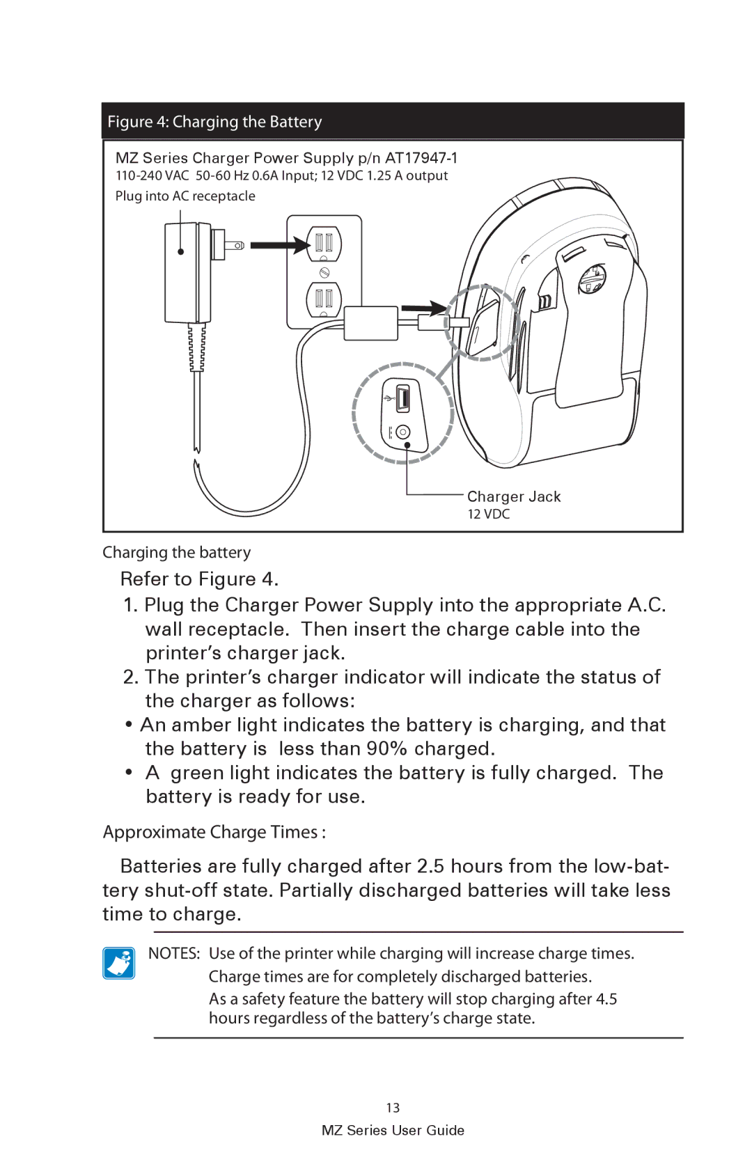 Zebra Technologies UMAN-MZA-007 manual Approximate Charge Times 