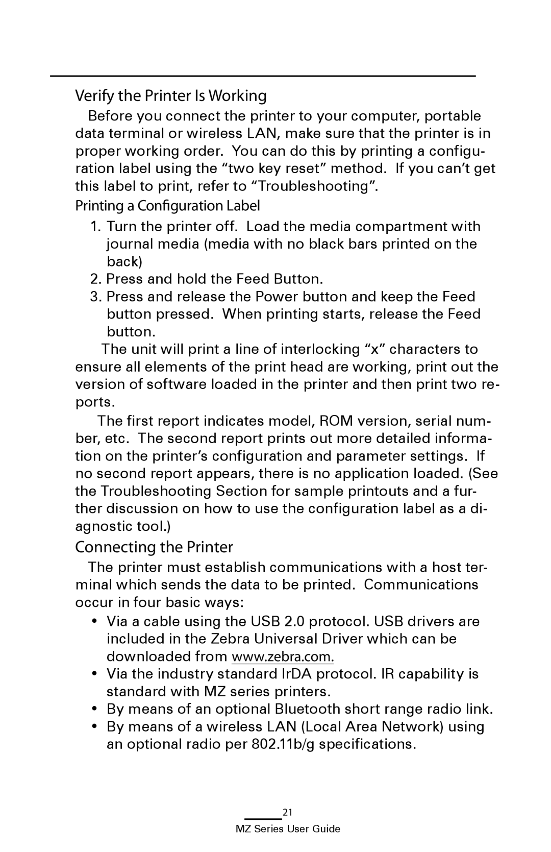 Zebra Technologies UMAN-MZA-007 Verify the Printer Is Working, Connecting the Printer, Printing a Configuration Label 