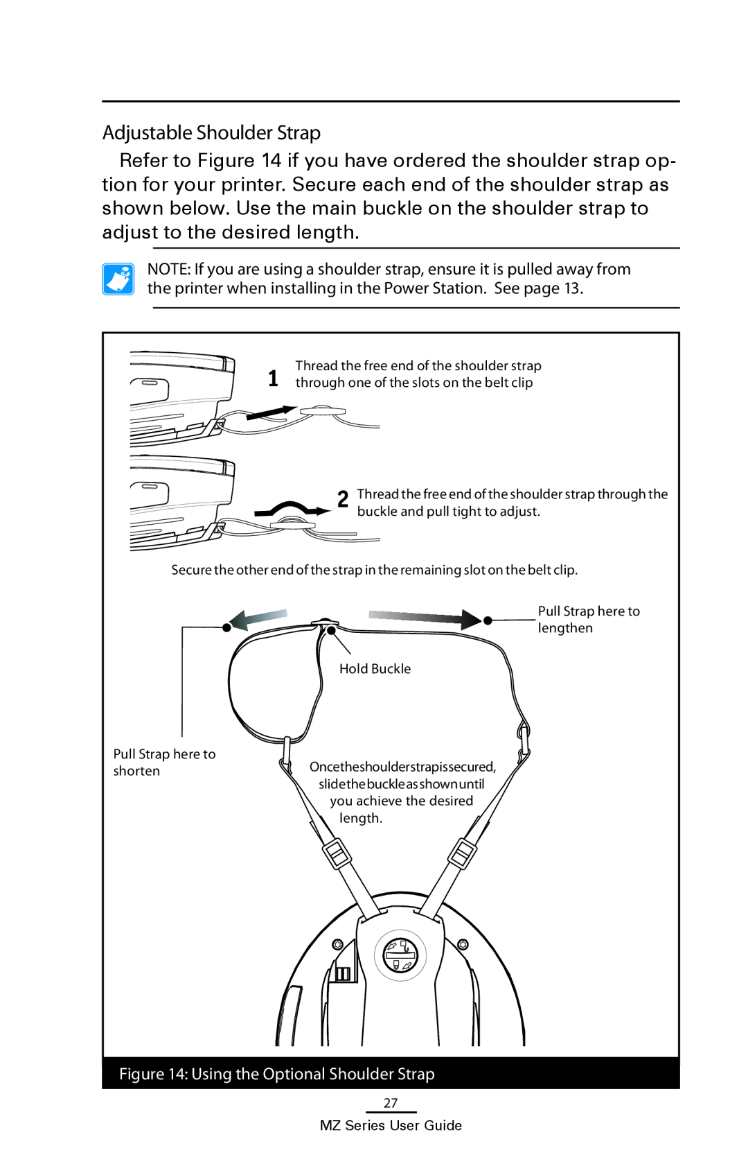 Zebra Technologies UMAN-MZA-007 manual Adjustable Shoulder Strap, Using the Optional Shoulder Strap 