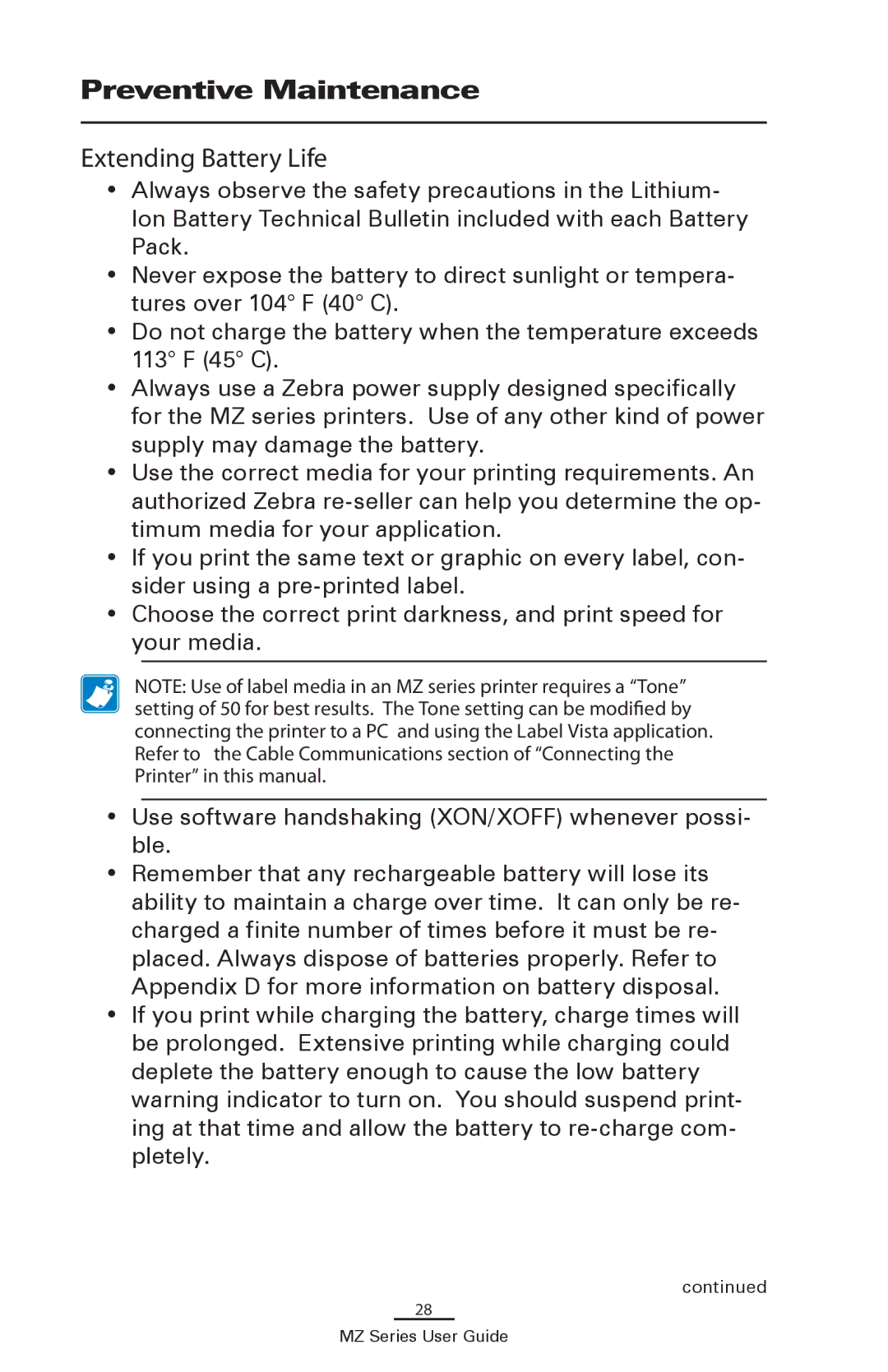 Zebra Technologies UMAN-MZA-007 manual Preventive Maintenance, Extending Battery Life 