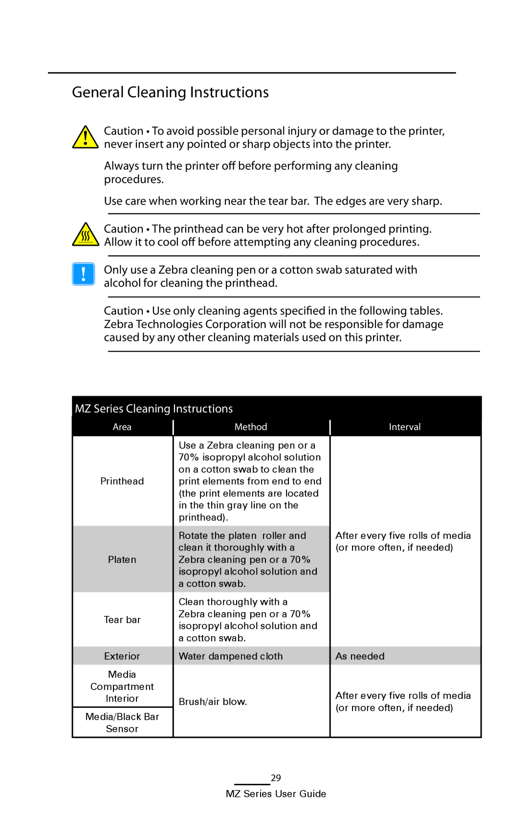 Zebra Technologies UMAN-MZA-007 manual General Cleaning Instructions, MZ Series Cleaning Instructions 