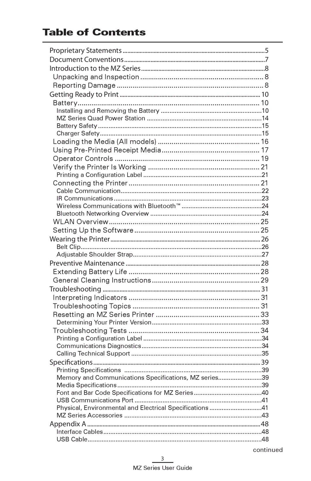 Zebra Technologies UMAN-MZA-007 manual Table of Contents 