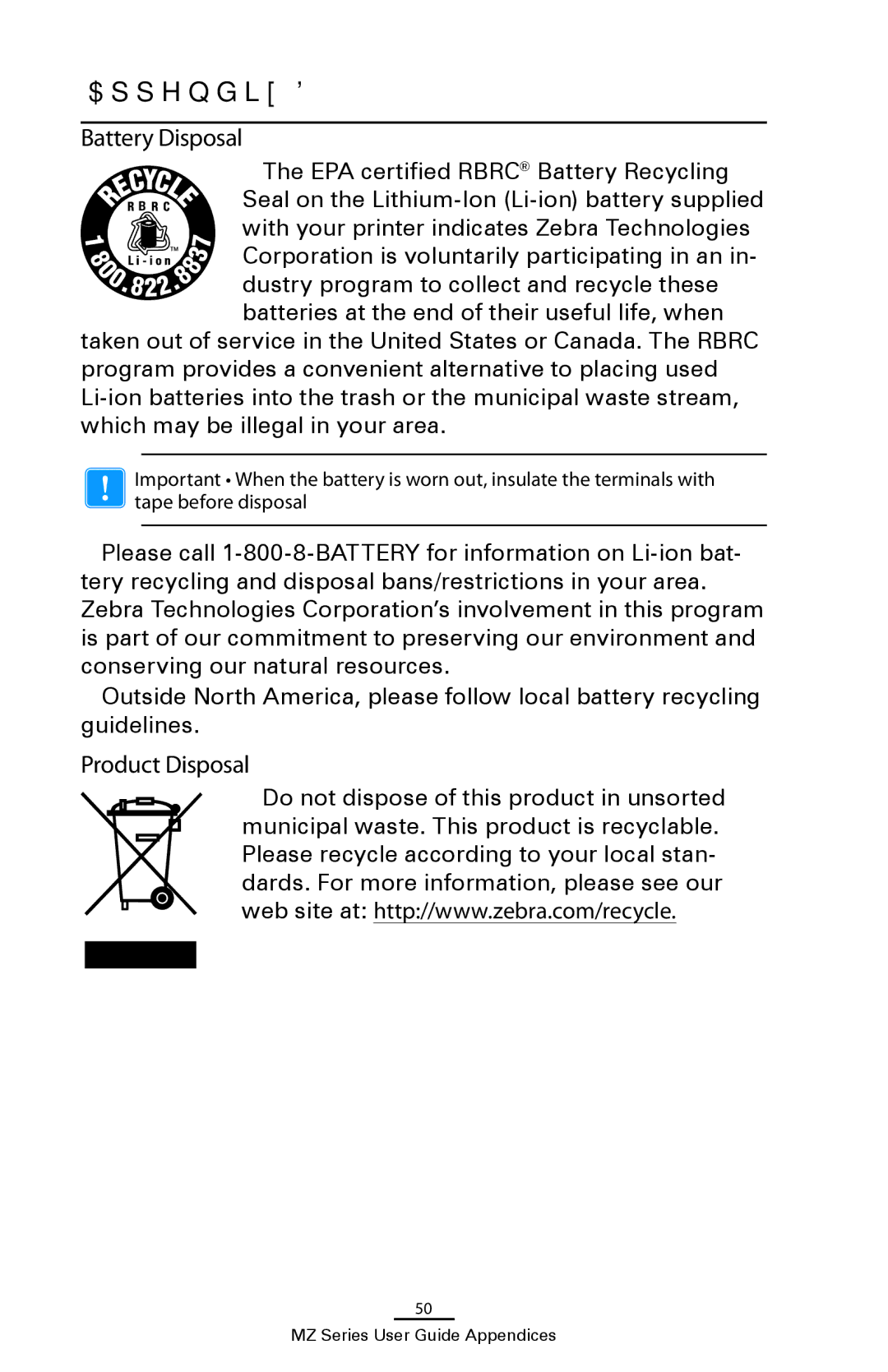 Zebra Technologies UMAN-MZA-007 manual Appendix D, Battery Disposal, Product Disposal 