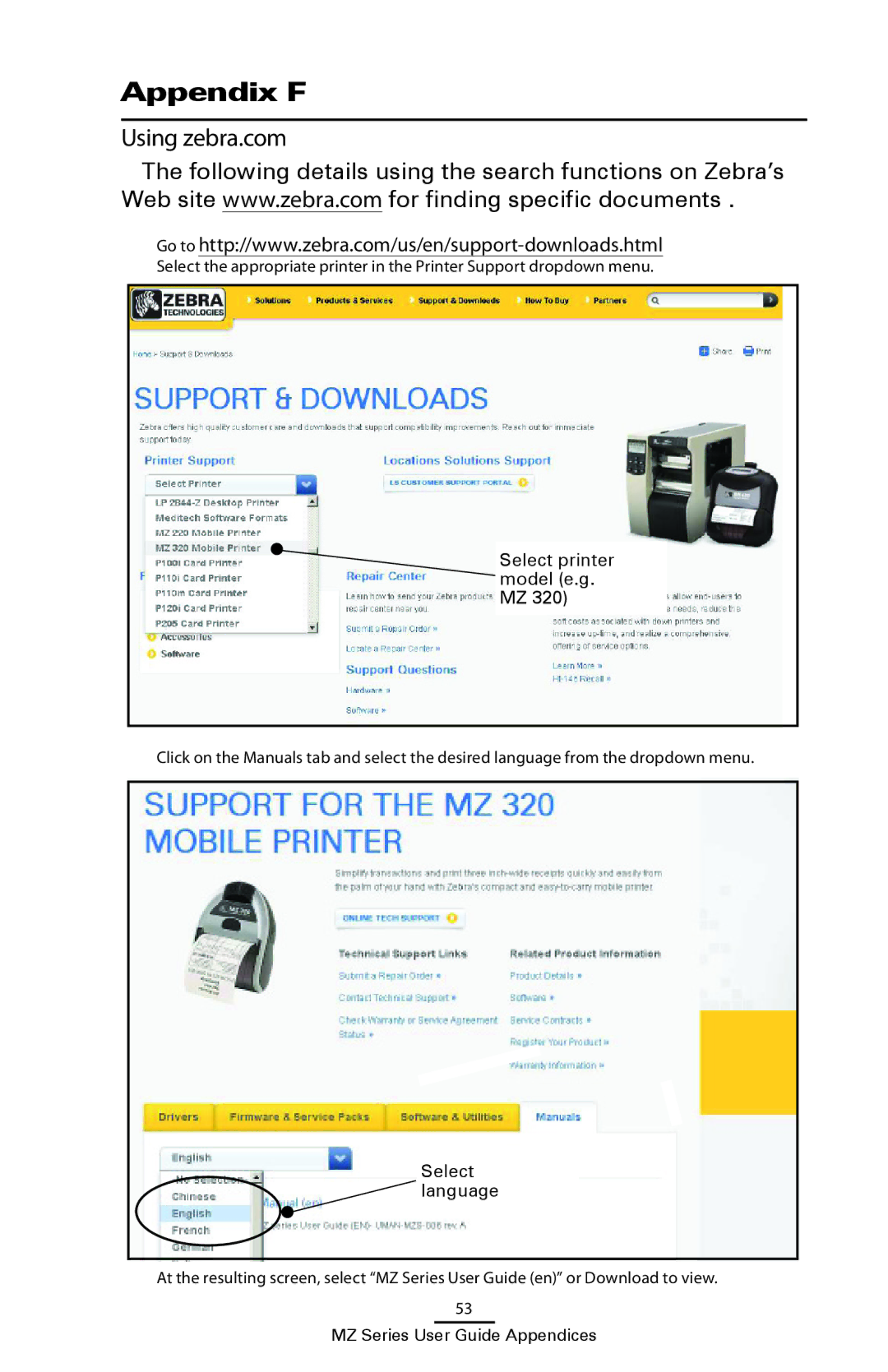 Zebra Technologies UMAN-MZA-007 manual Appendix F, Using zebra.com 