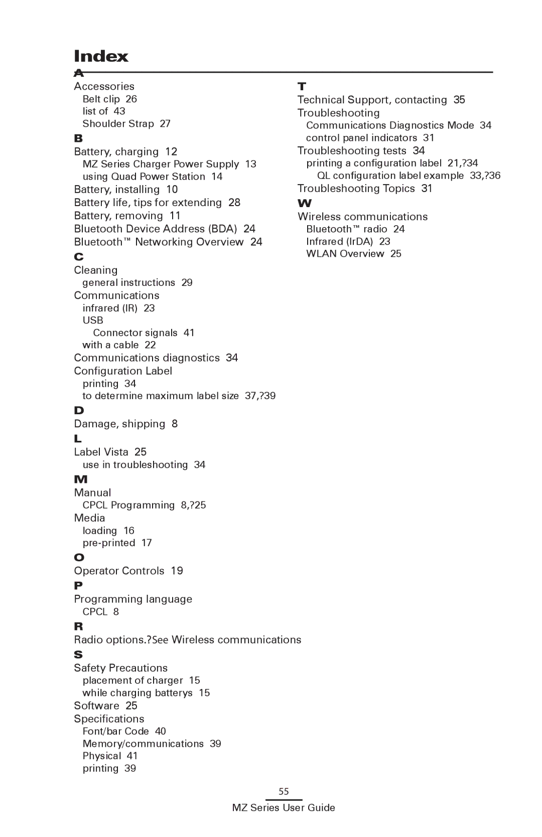 Zebra Technologies UMAN-MZA-007 manual Index 