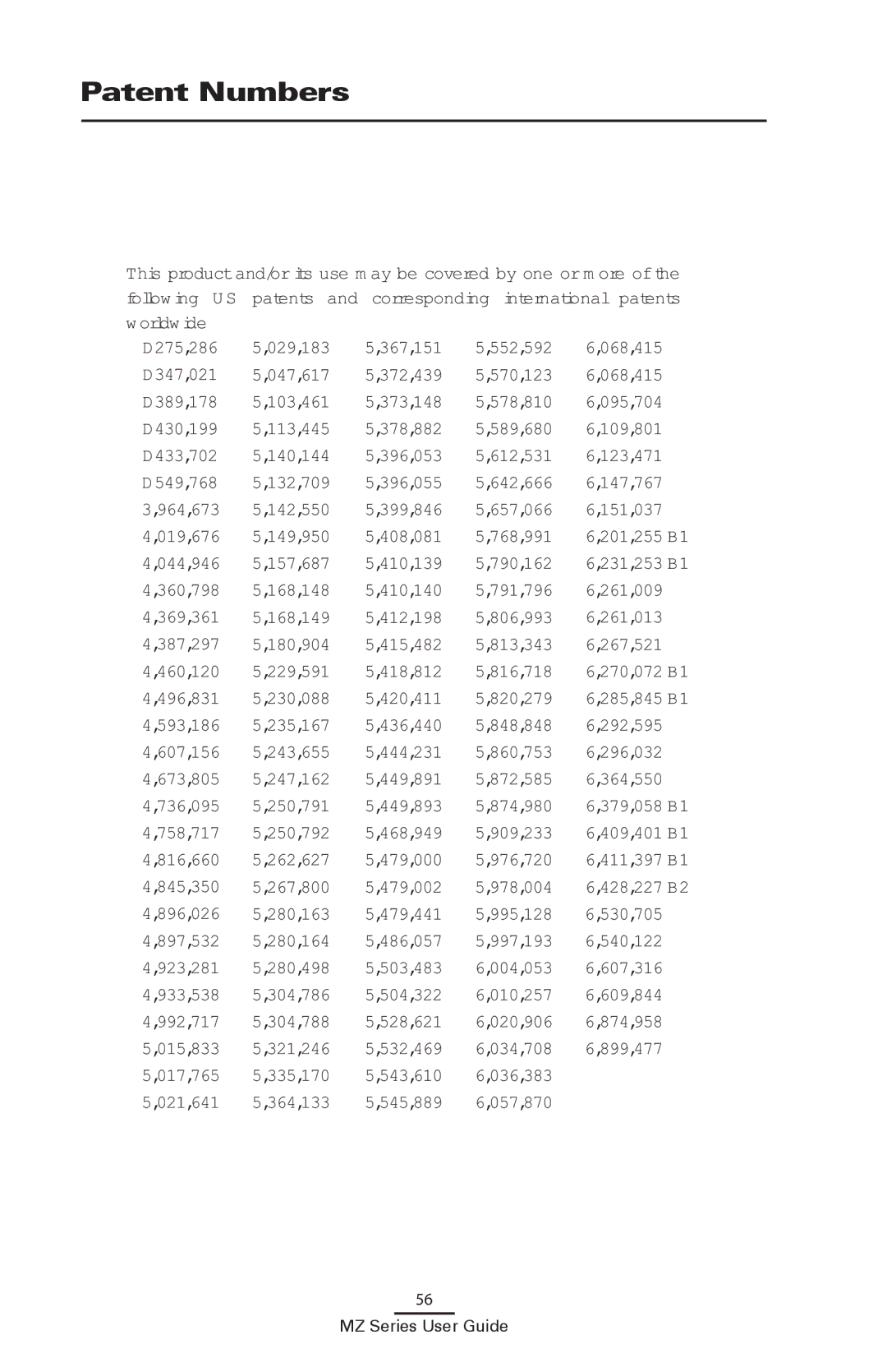 Zebra Technologies UMAN-MZA-007 manual Patent Numbers 