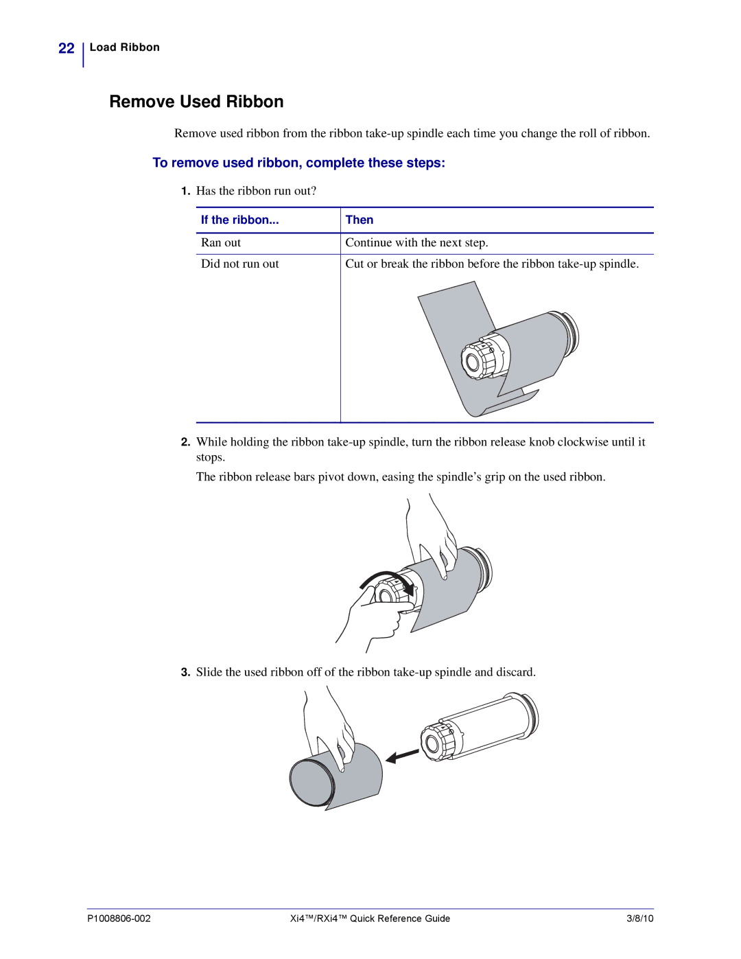 Zebra Technologies RXi4 manual Remove Used Ribbon, To remove used ribbon, complete these steps 