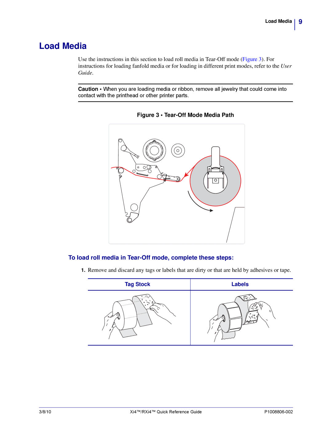 Zebra Technologies RXi4 manual Load Media, To load roll media in Tear-Off mode, complete these steps 