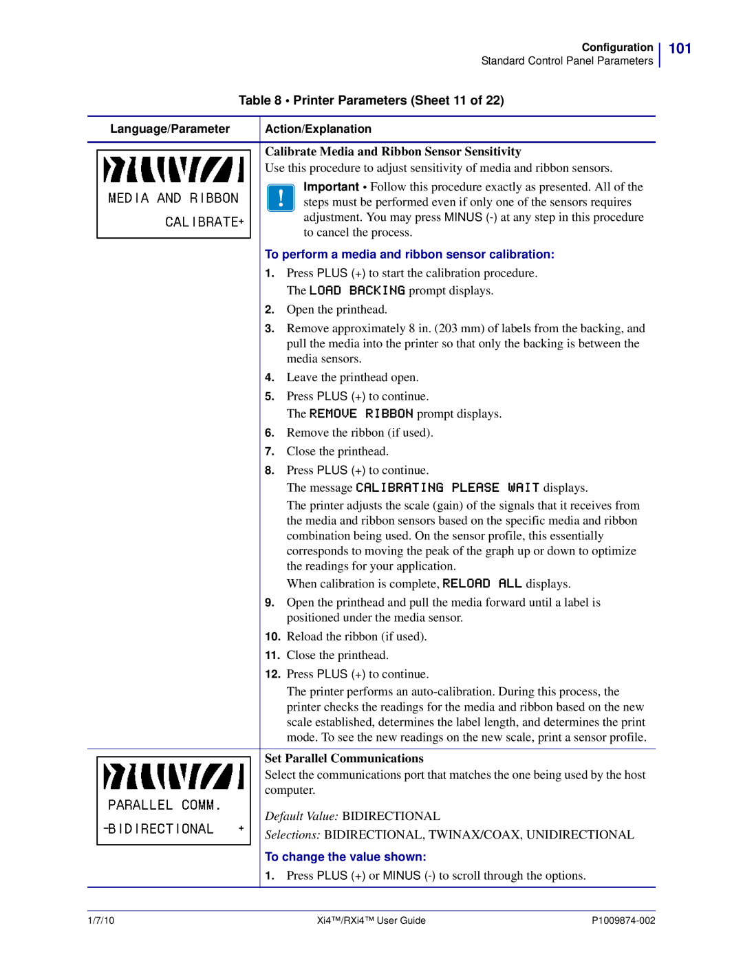 Zebra Technologies 11280100200, XI4TM manual 101, Printer Parameters Sheet 11, Calibrate Media and Ribbon Sensor Sensitivity 