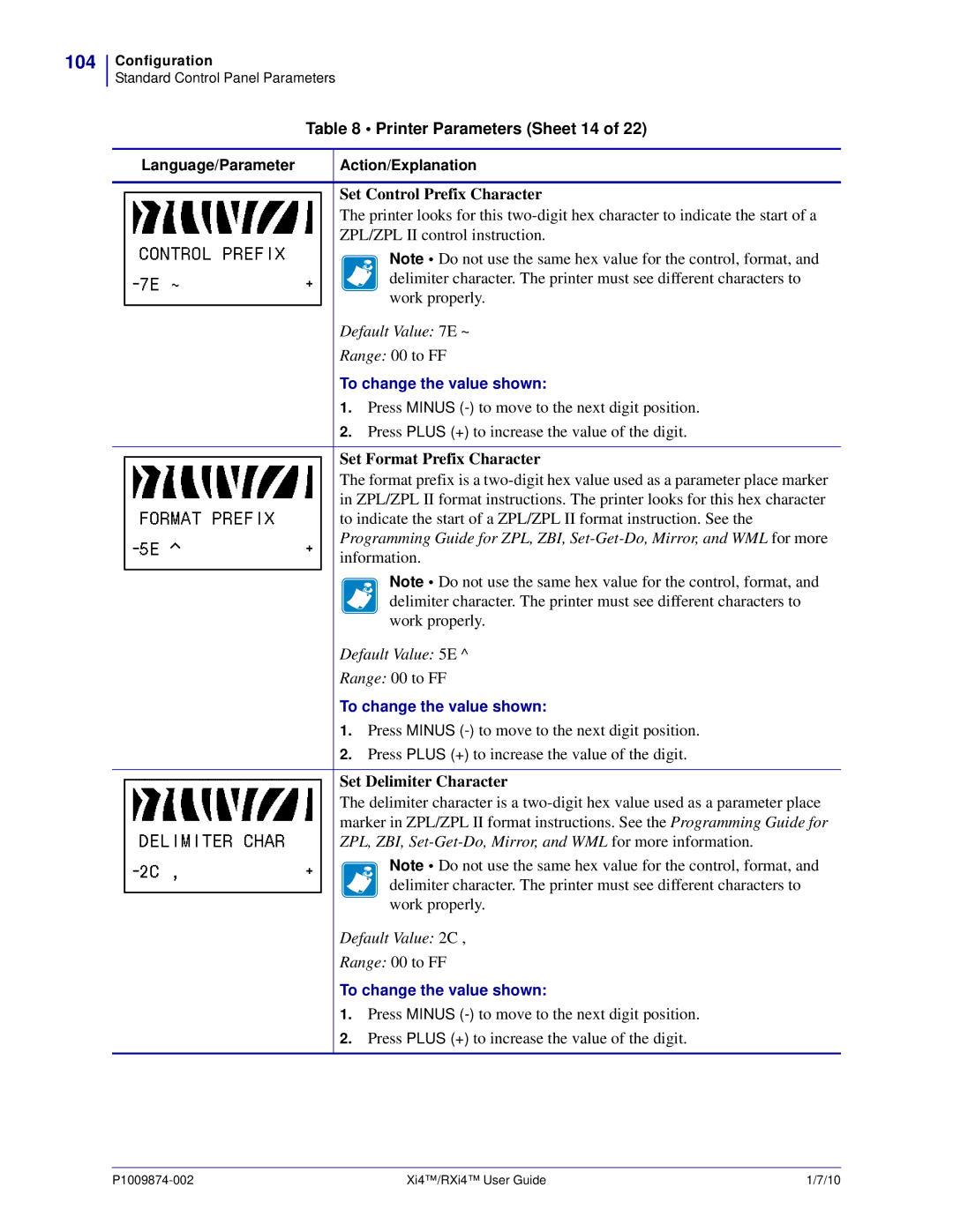 Zebra Technologies XI4TM manual 104, Printer Parameters Sheet 14, Set Control Prefix Character, Set Format Prefix Character 
