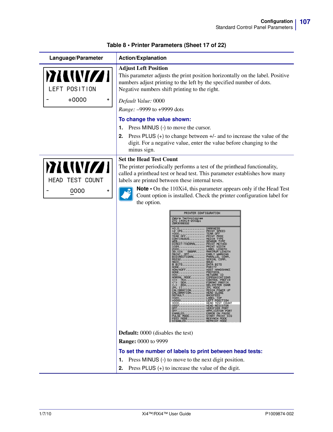 Zebra Technologies 17080100200, XI4TM manual 107, Printer Parameters Sheet 17, Adjust Left Position, Set the Head Test Count 