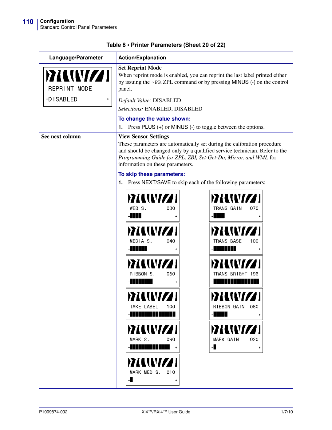 Zebra Technologies 17080100000 110, Printer Parameters Sheet 20, Set Reprint Mode, See next column View Sensor Settings 