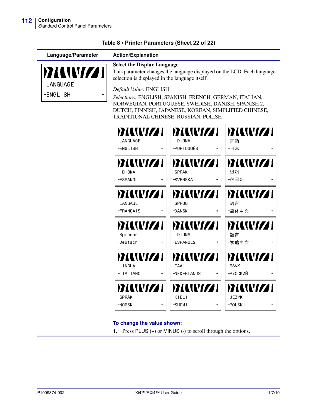 Zebra Technologies 11680100201, XI4TM 112, Printer Parameters Sheet 22, Select the Display Language, Default Value English 